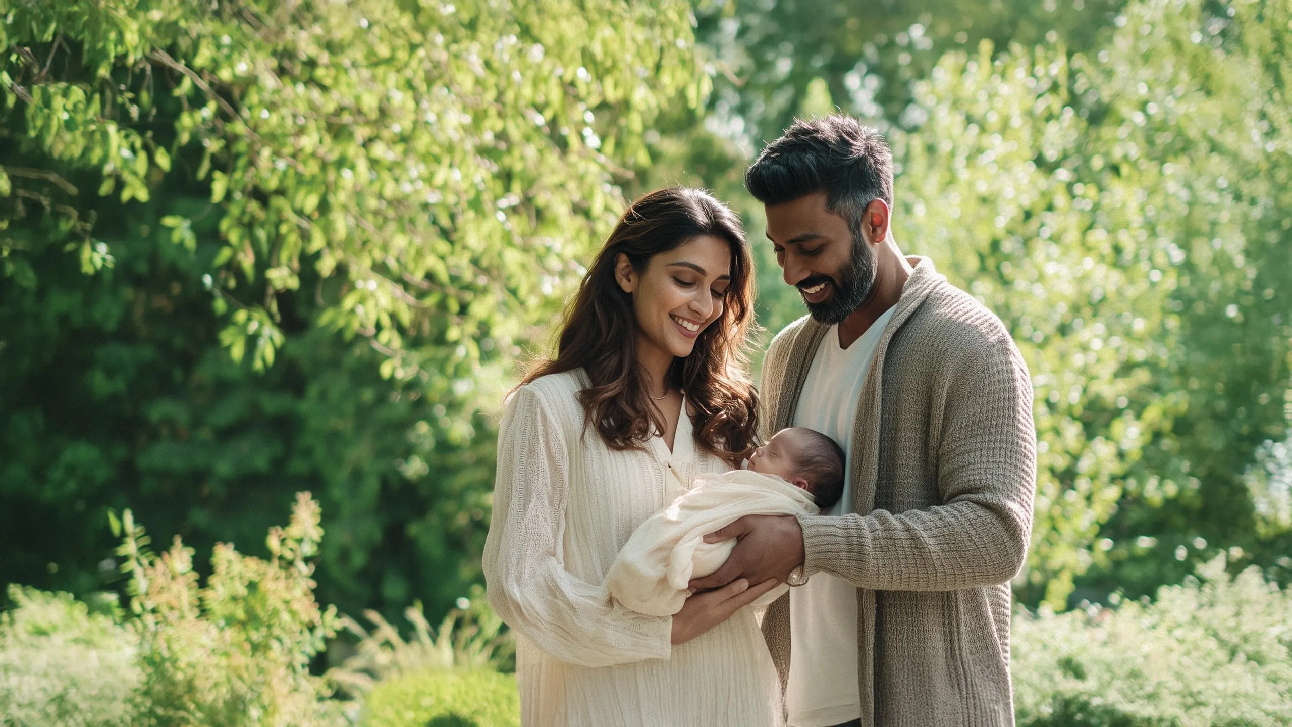 Smiling couple outdoors holding their newborn baby wrapped in a blanket surrounded by greenery.