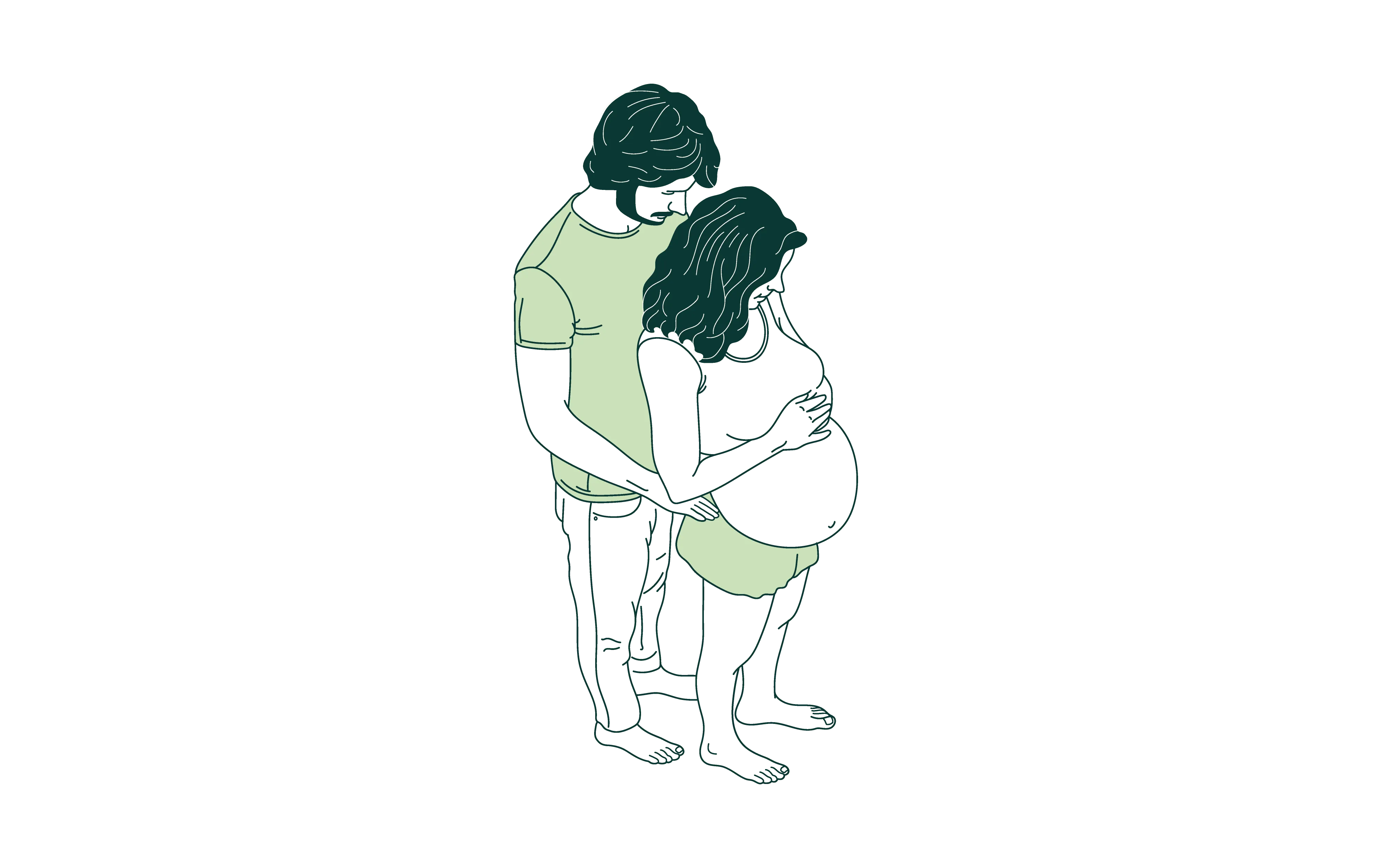 Illustration of a man standing behind a pregnant woman, gently holding her belly.