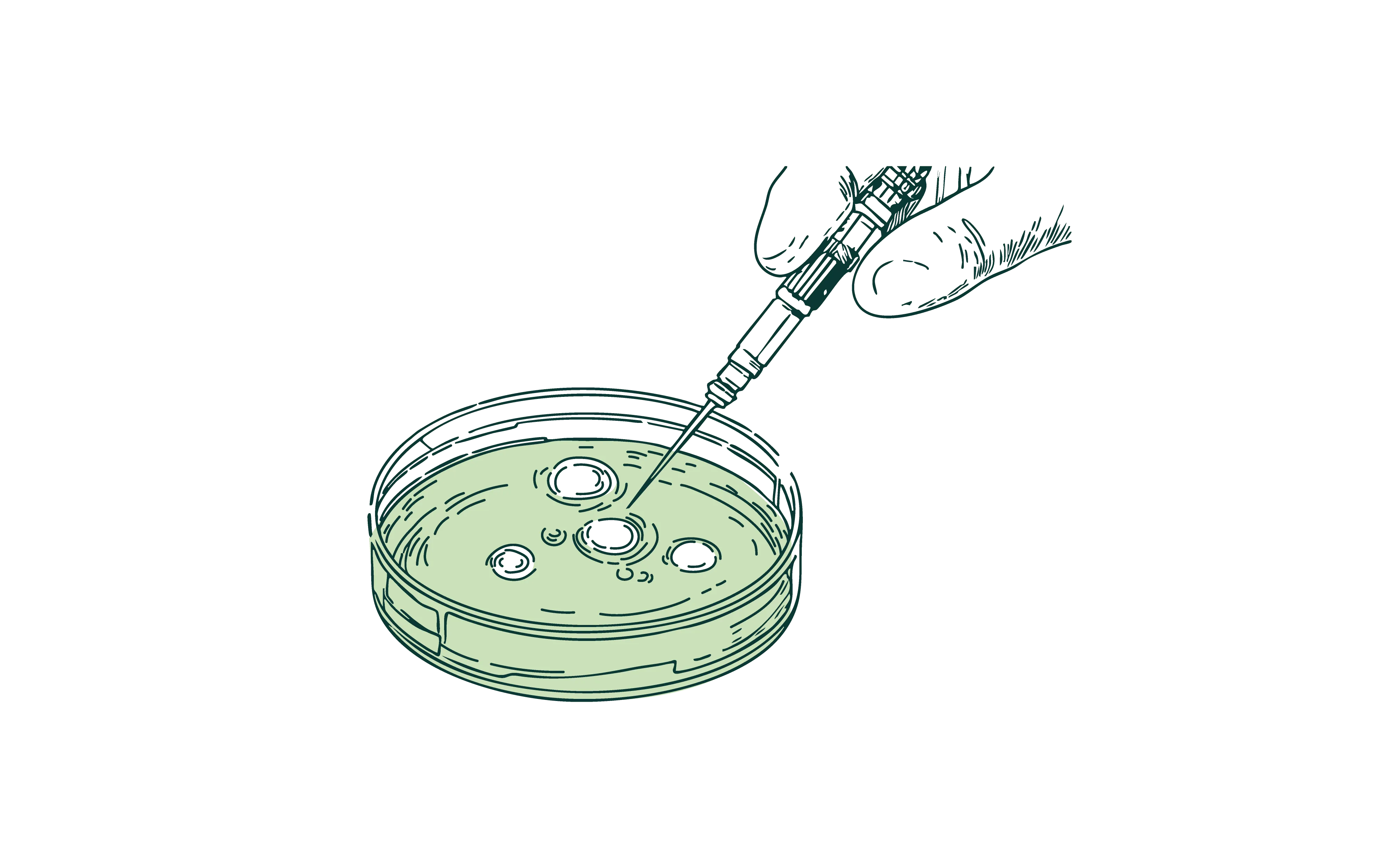 Hand holding a syringe injecting into a petri dish containing multiple cell-like circular formations.