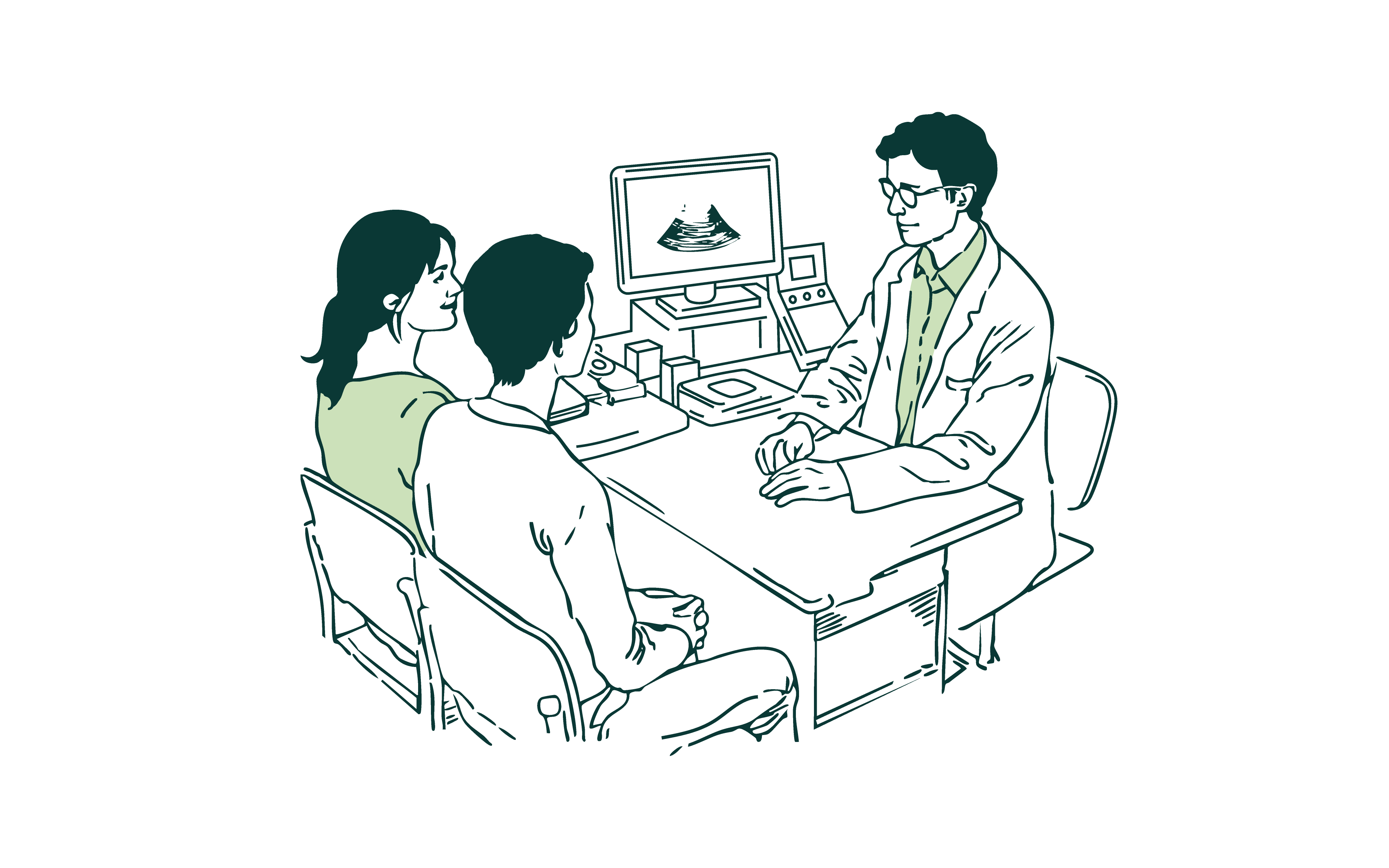 Illustration of a doctor showing an ultrasound image on a monitor to a couple sitting across the desk.