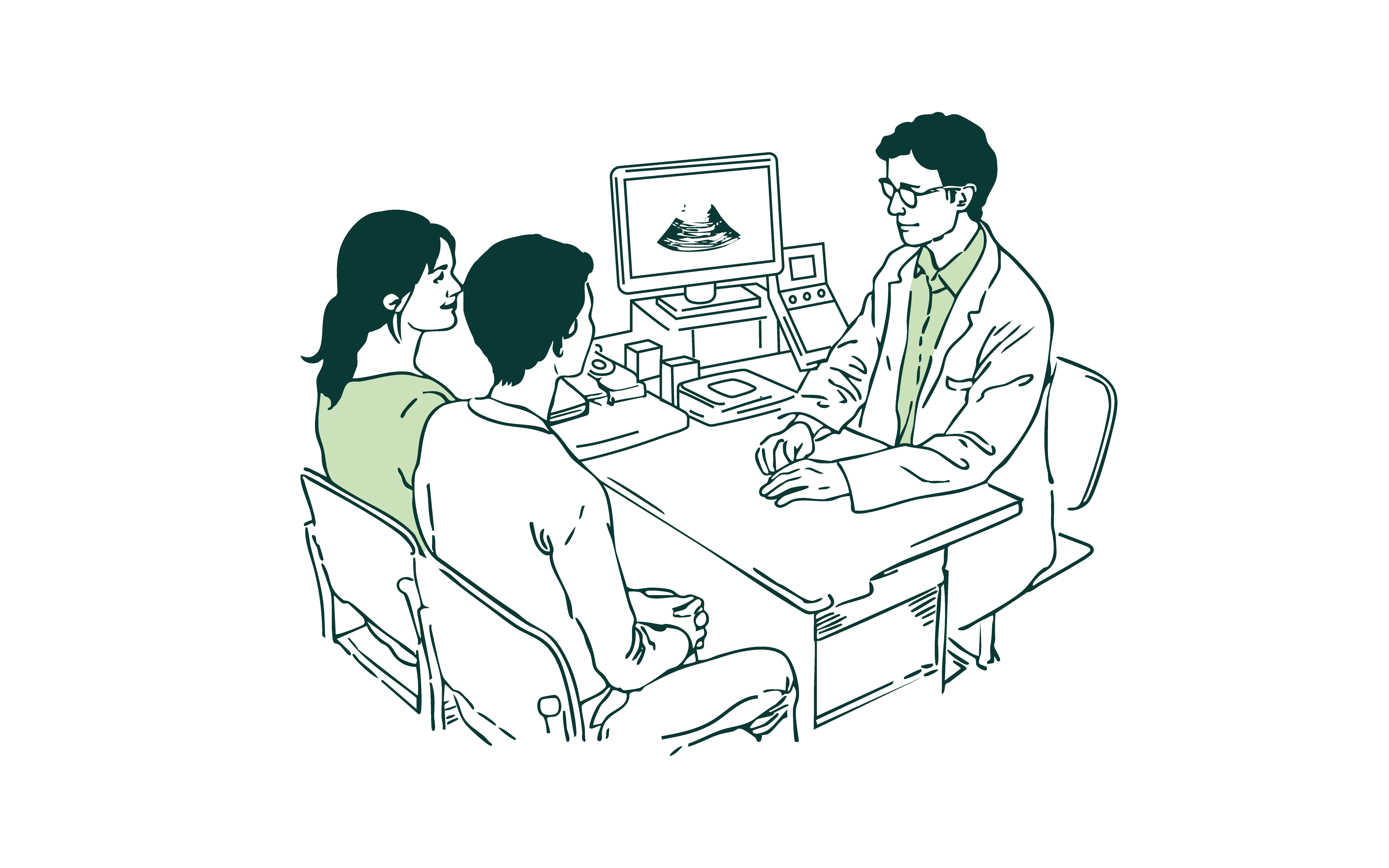 Illustration of a doctor showing an ultrasound image on a monitor to a couple sitting across the desk.
