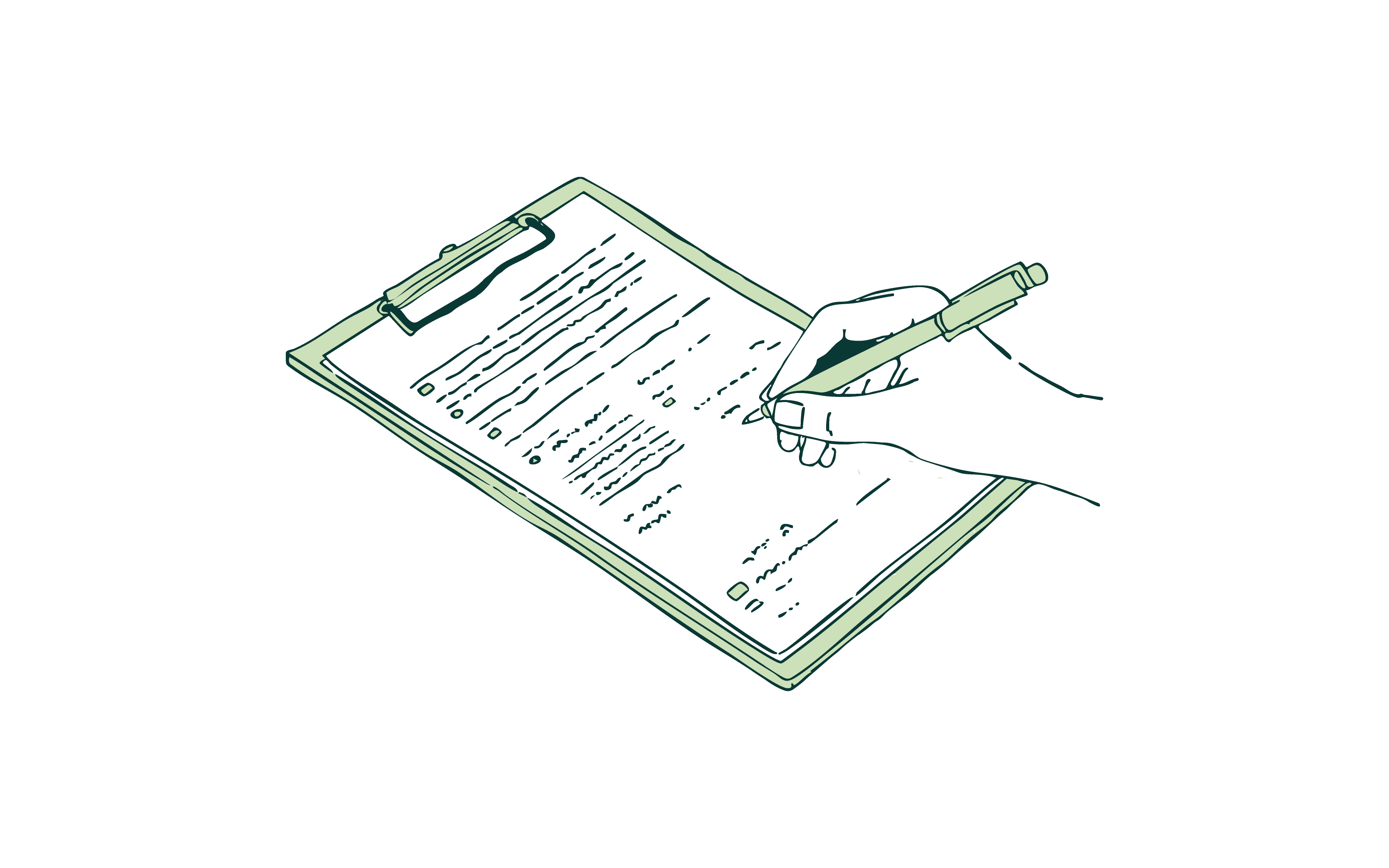 Illustration of a hand holding a pen and filling out a checklist on a clipboard.
