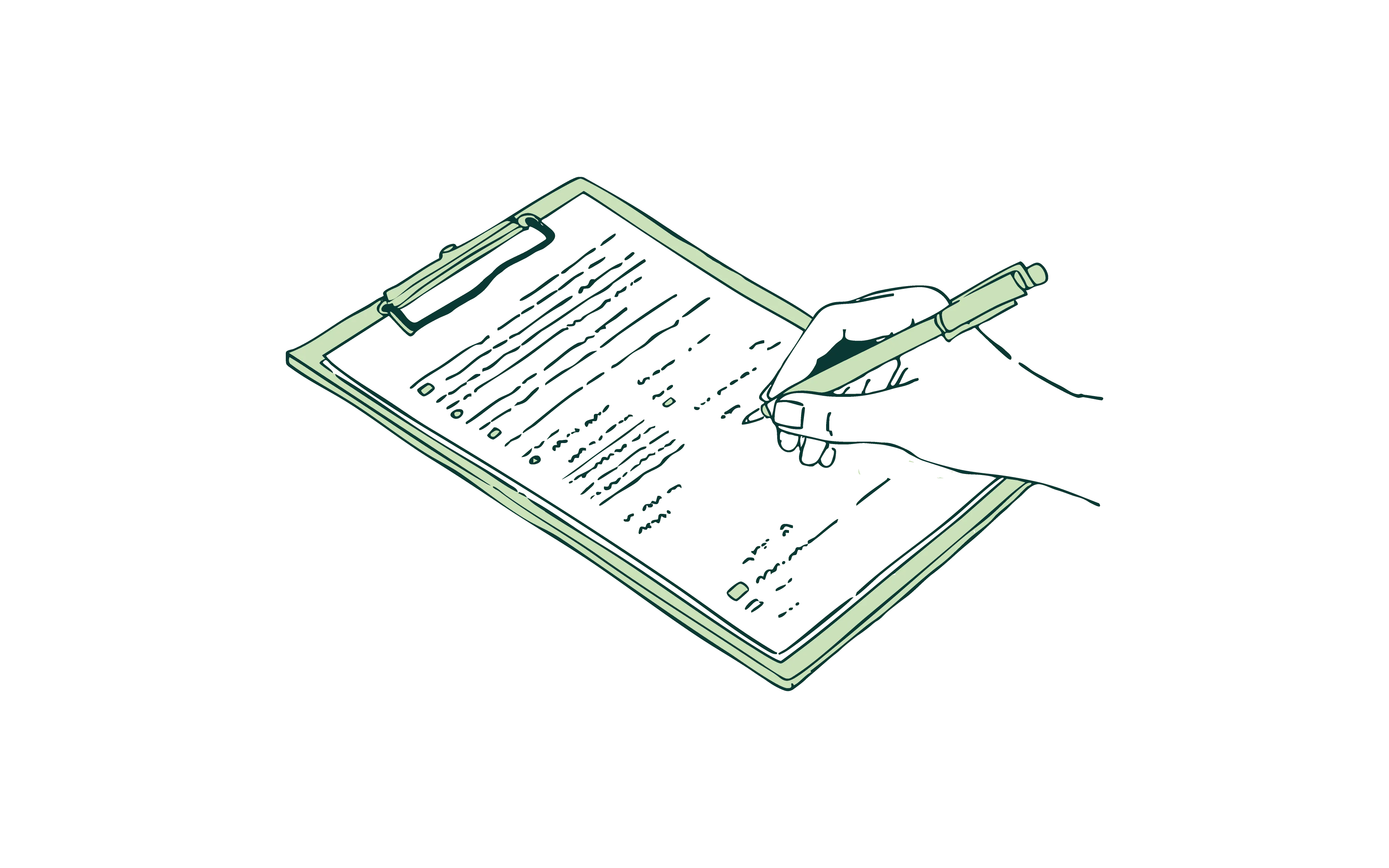 Illustration of a hand holding a pen and filling out a checklist on a clipboard.