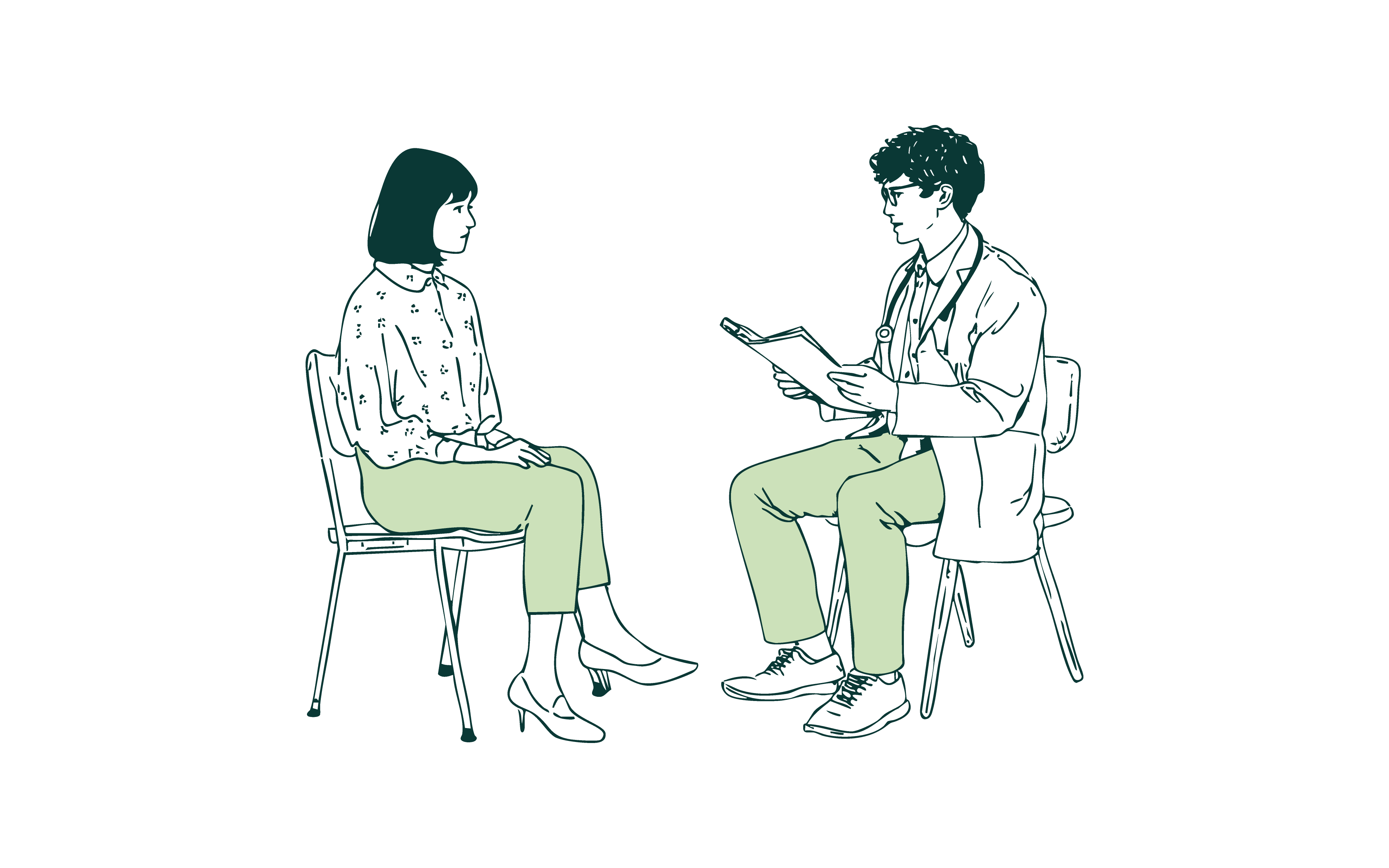Illustration of a doctor sitting and holding a clipboard while talking to a seated female patient.