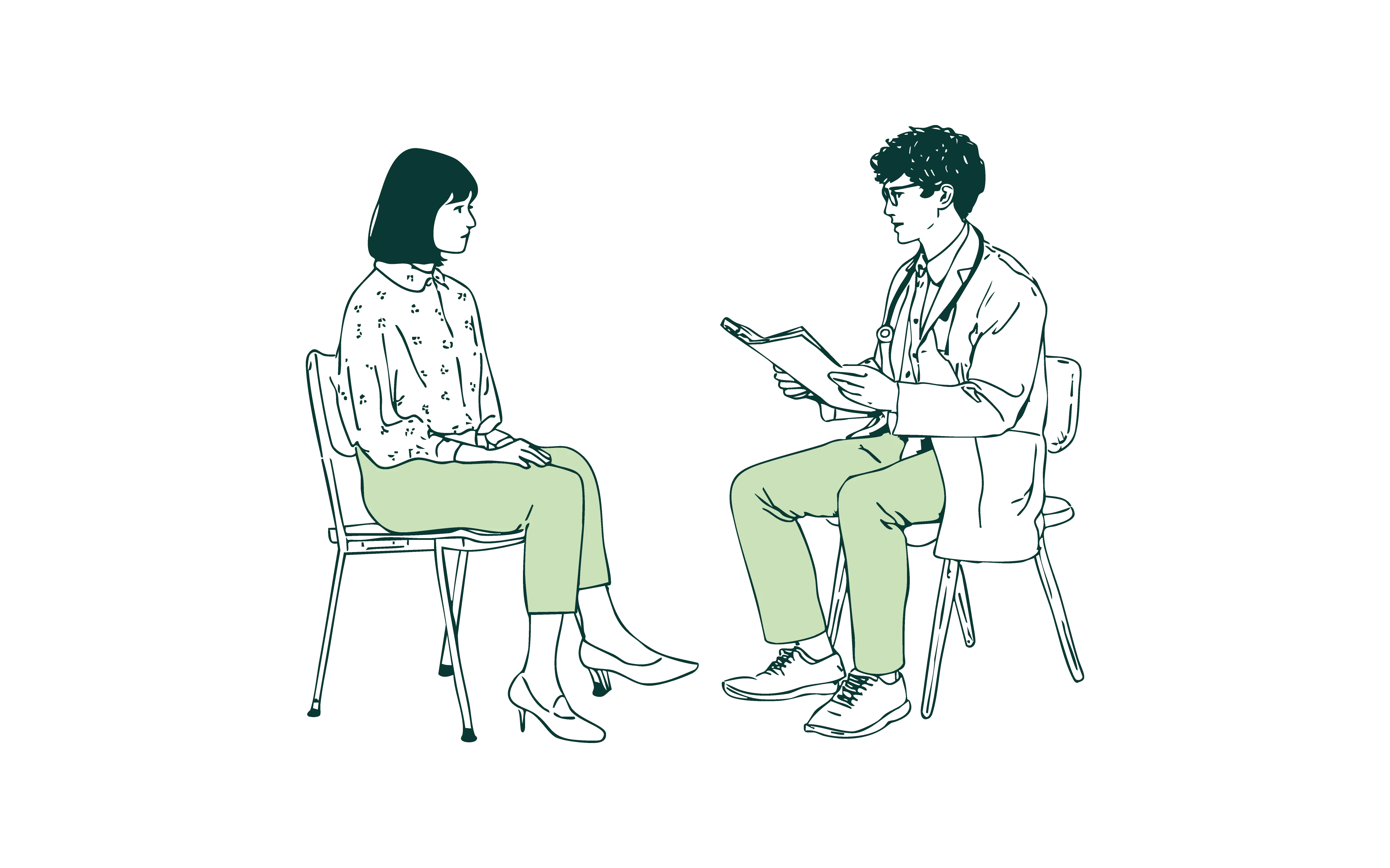 Illustration of a doctor sitting and holding a clipboard while talking to a seated female patient.