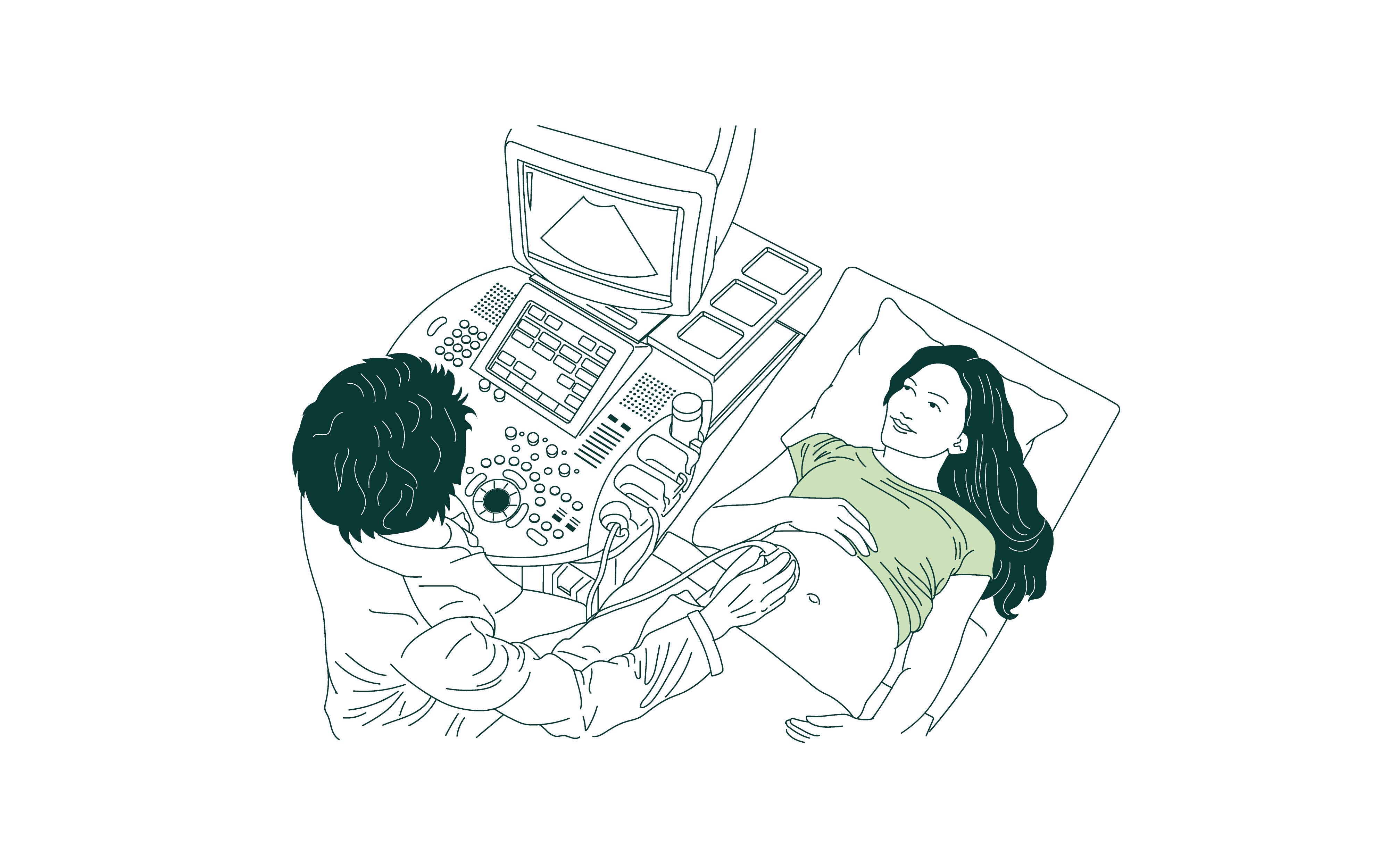 Medical professional performing an abdominal ultrasound on a woman lying on an examination table.