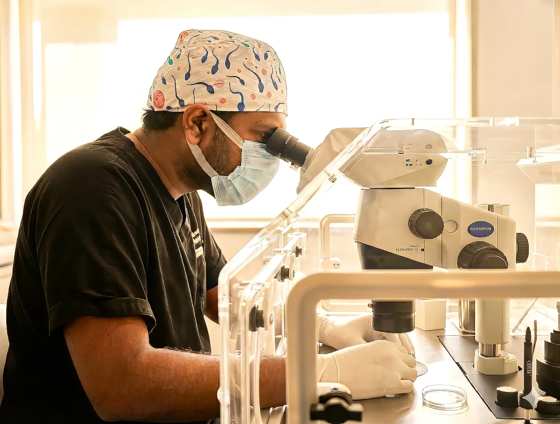 Scientist wearing a surgical cap, mask, and gloves examining samples under a microscope in a laboratory setting.