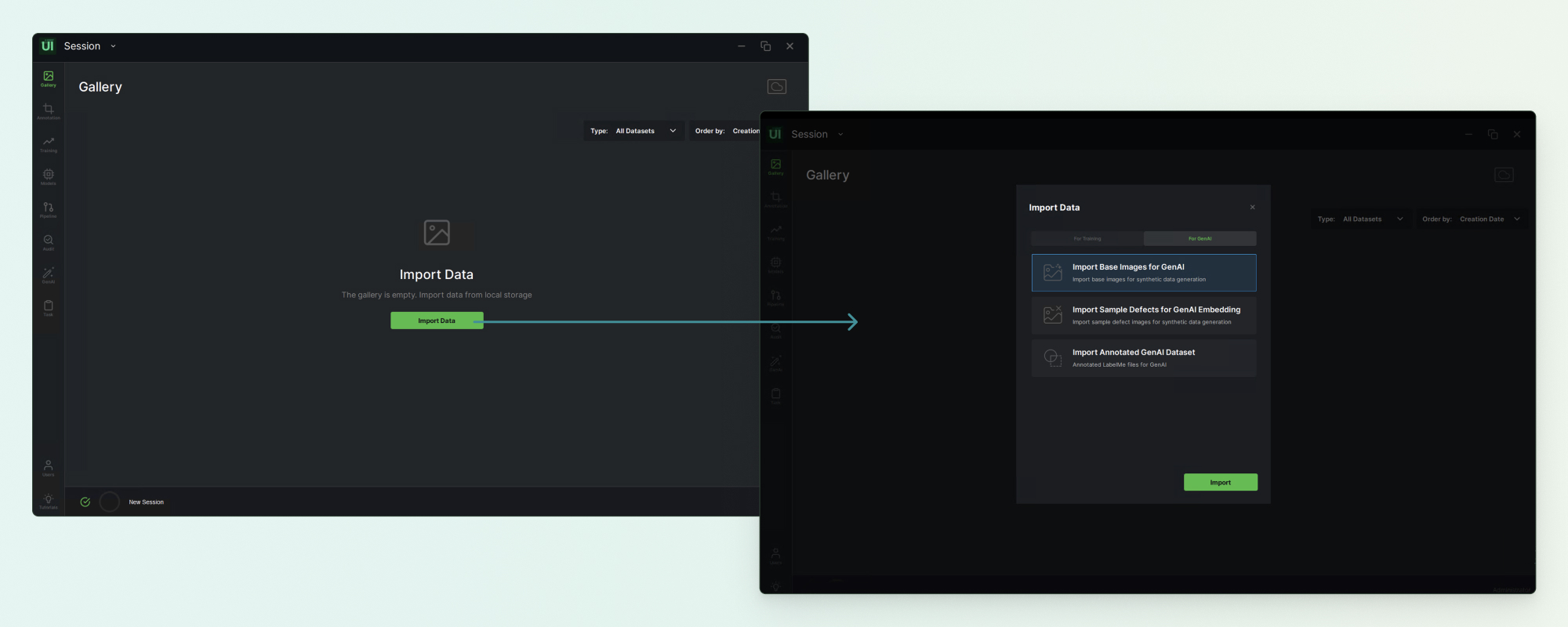 The ReliVision Gallery with the Import Data button, and the import dialog listing the available import options.
