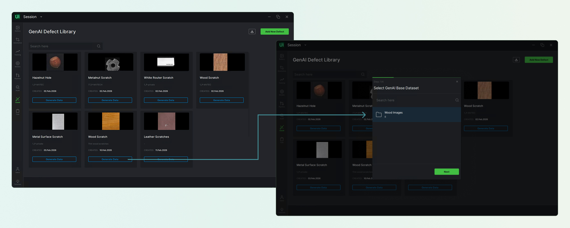 The GenAI defect library grid with a defect selected and the base dataset picker open.