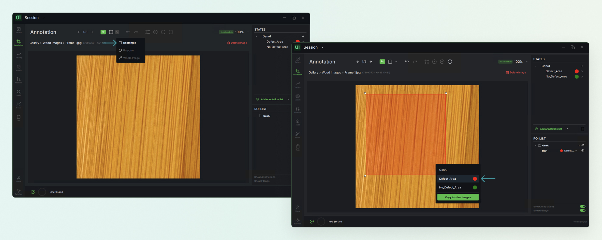 The annotation view with the rectangle tool active and a region marked on the part surface.