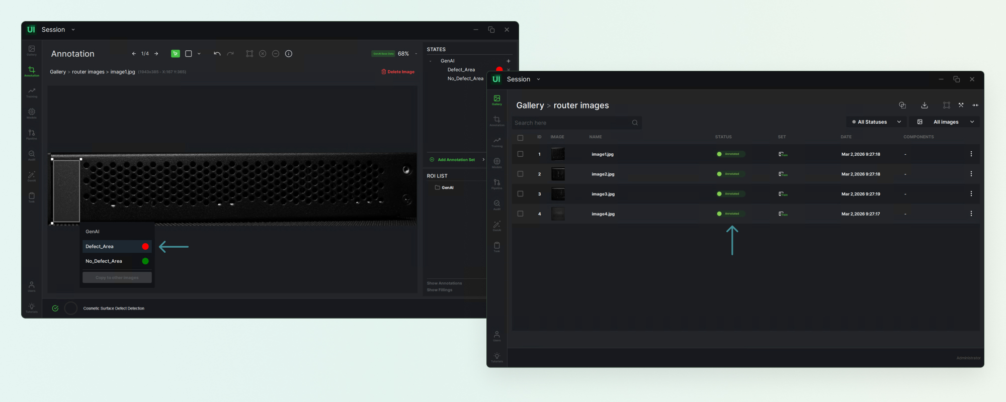 The annotation view marking allowed defect regions on an OK part, beside the cluster image gallery.