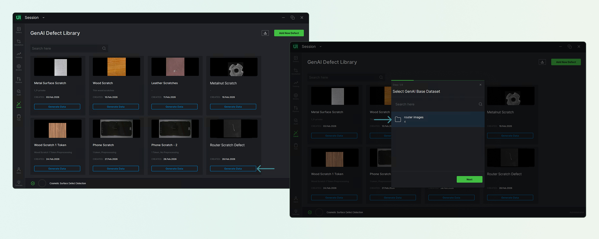 The defect library with a template selected and the generation dialog targeting the OK image set.