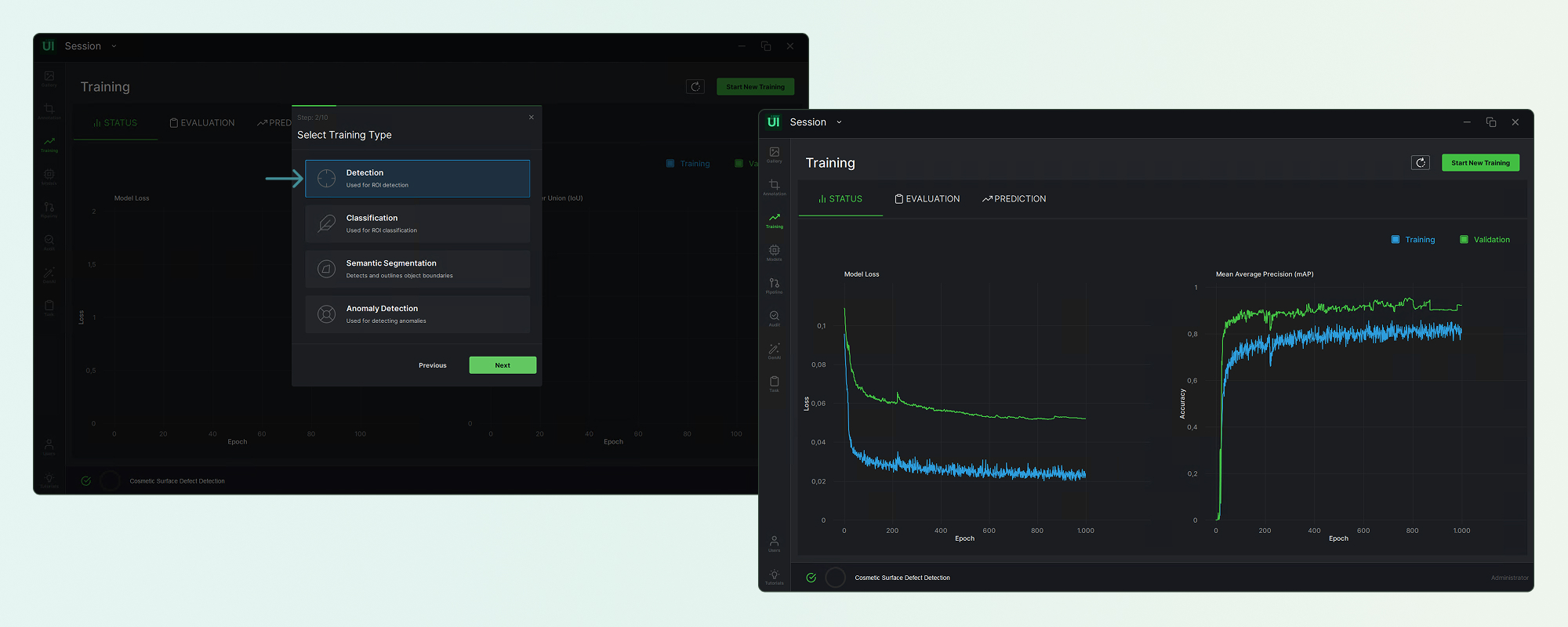 The training-type selector and a training run showing loss and accuracy curves.