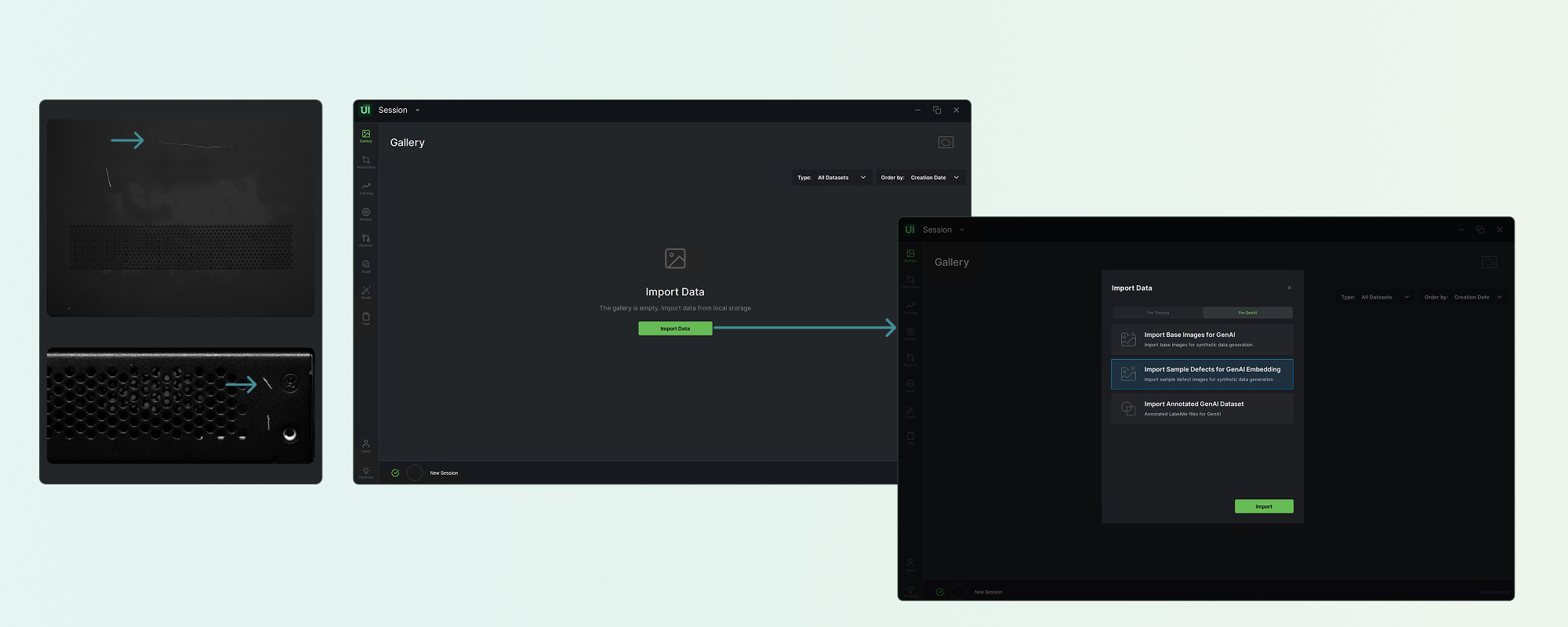 Real NOK sample images beside the ReliUI import dialog.