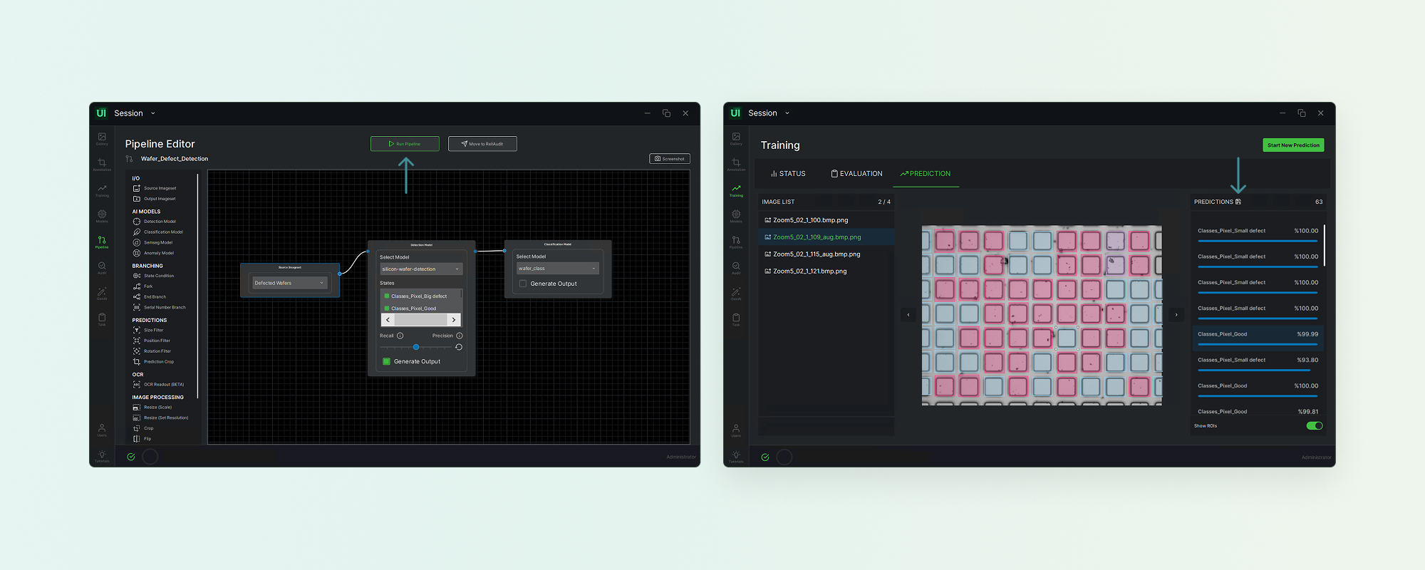 The Pipeline Editor with input source, detection and classification blocks wired in sequence.