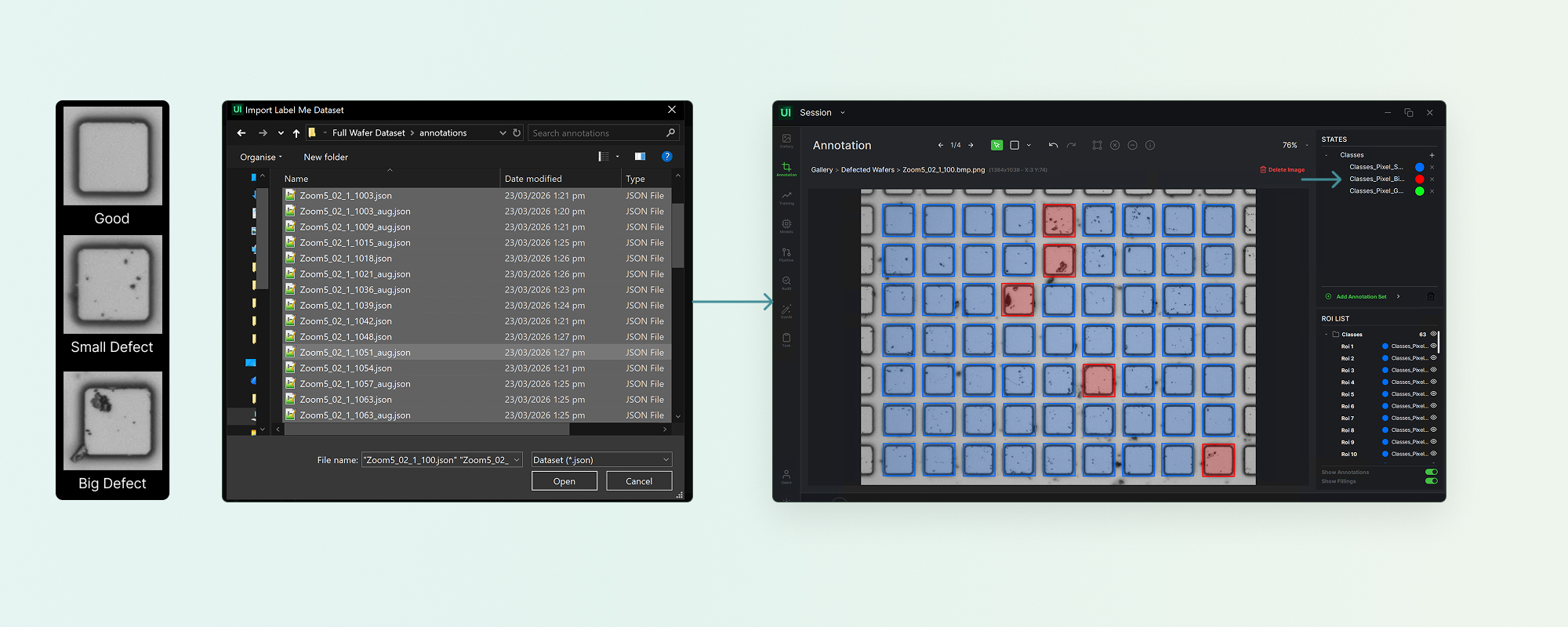 Good, small-defect and big-defect wafer samples with the dataset import dialog and annotation view.
