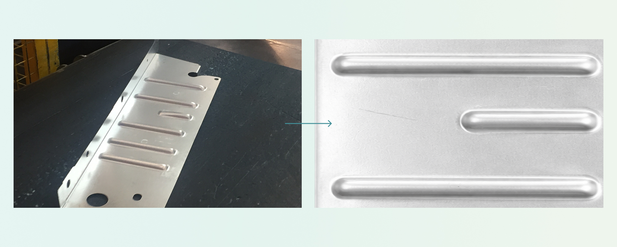 A real sheet-metal part beside the same part with synthetic scratches applied.