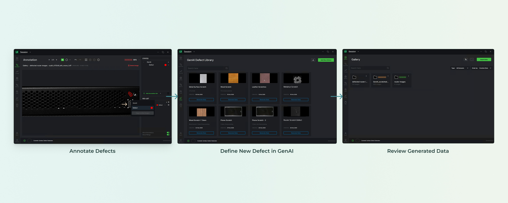 The three-stage flow in ReliUI: annotation, the GenAI defect definition module and the generated dataset.