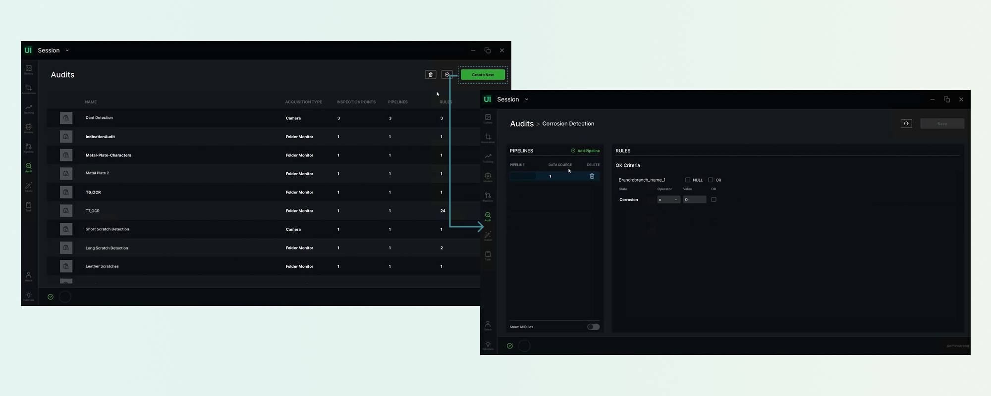 The ReliAudit audit list and the audit configuration panel with rules and thresholds.
