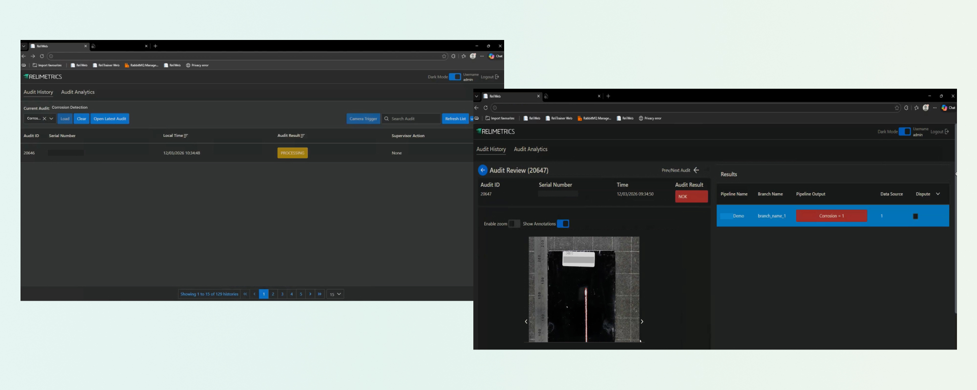 The web HMI audit selector and the runtime view with a live inspected image.