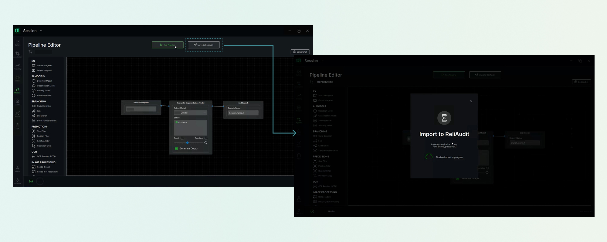 The Pipeline Editor with the blocks assembled, and the Import to ReliAudit dialog.