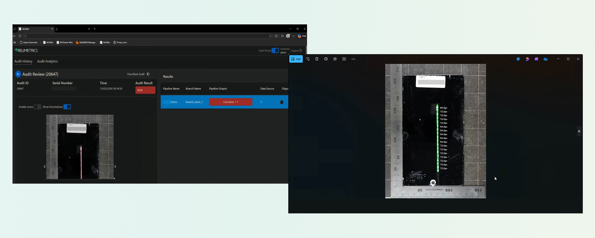 The audit review screen with inspected images, annotations and the post-processed output.