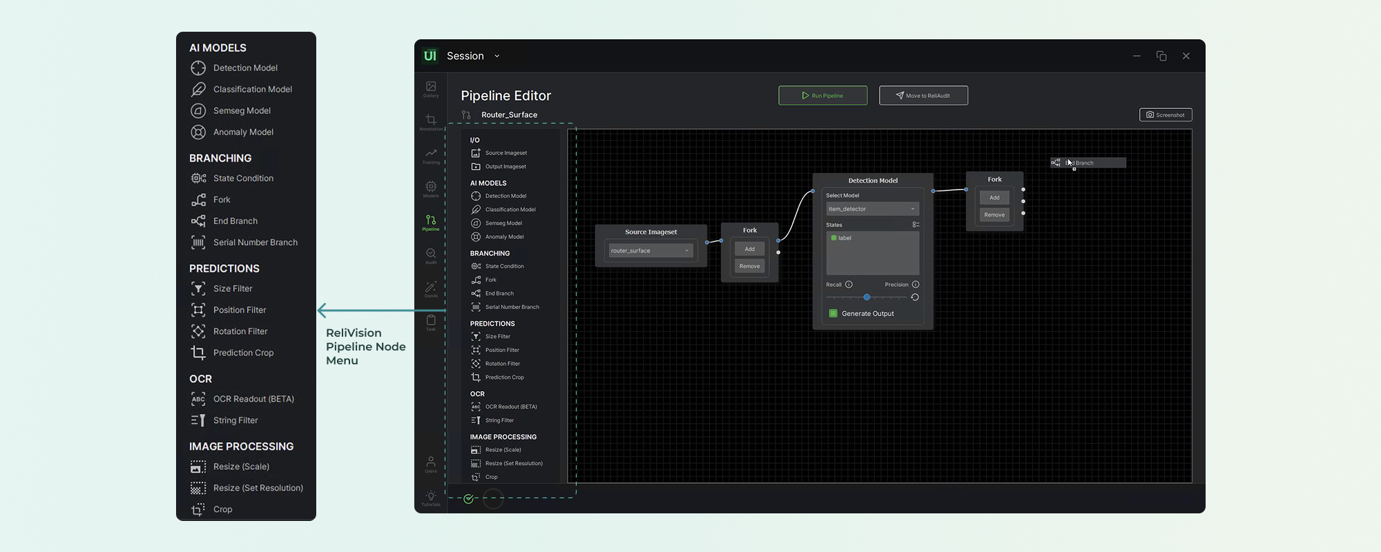 The ReliVision pipeline editor with the node menu open and a branch being connected.
