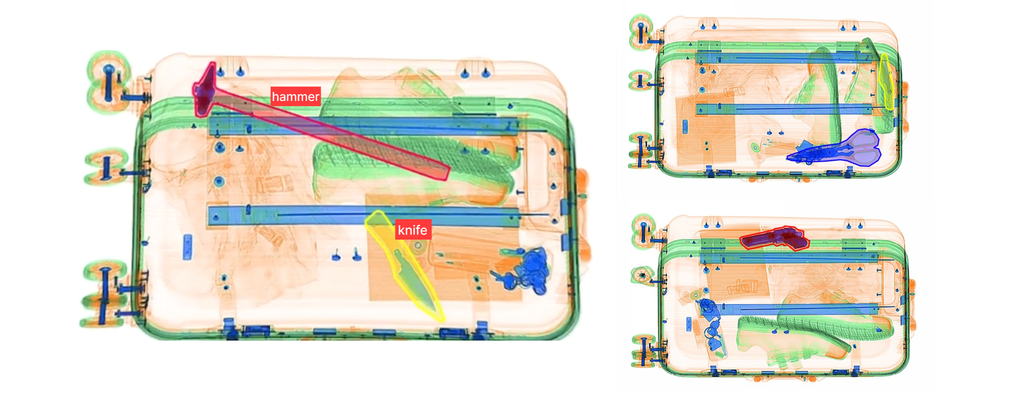 An X-ray baggage image with a detected threat object outlined and classified.