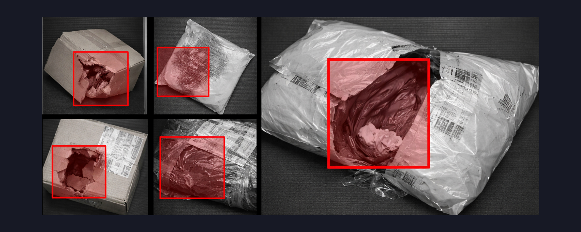 A parcel with the detected package outlined and its damage status labelled.