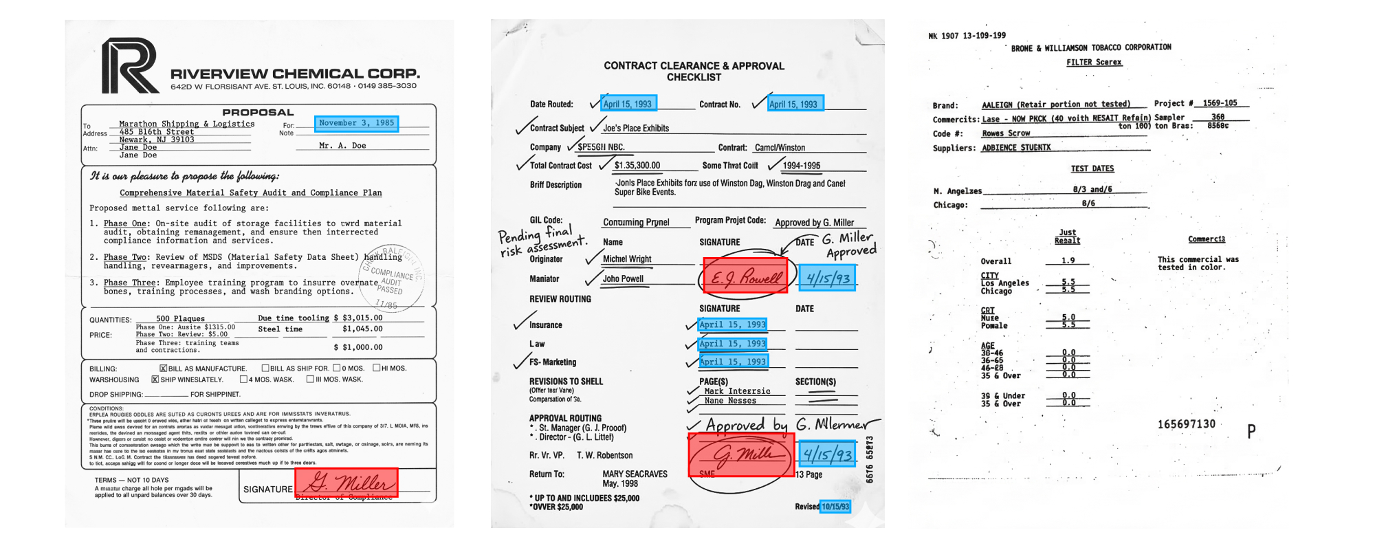 A document with detected text blocks and signature fields outlined and labelled.