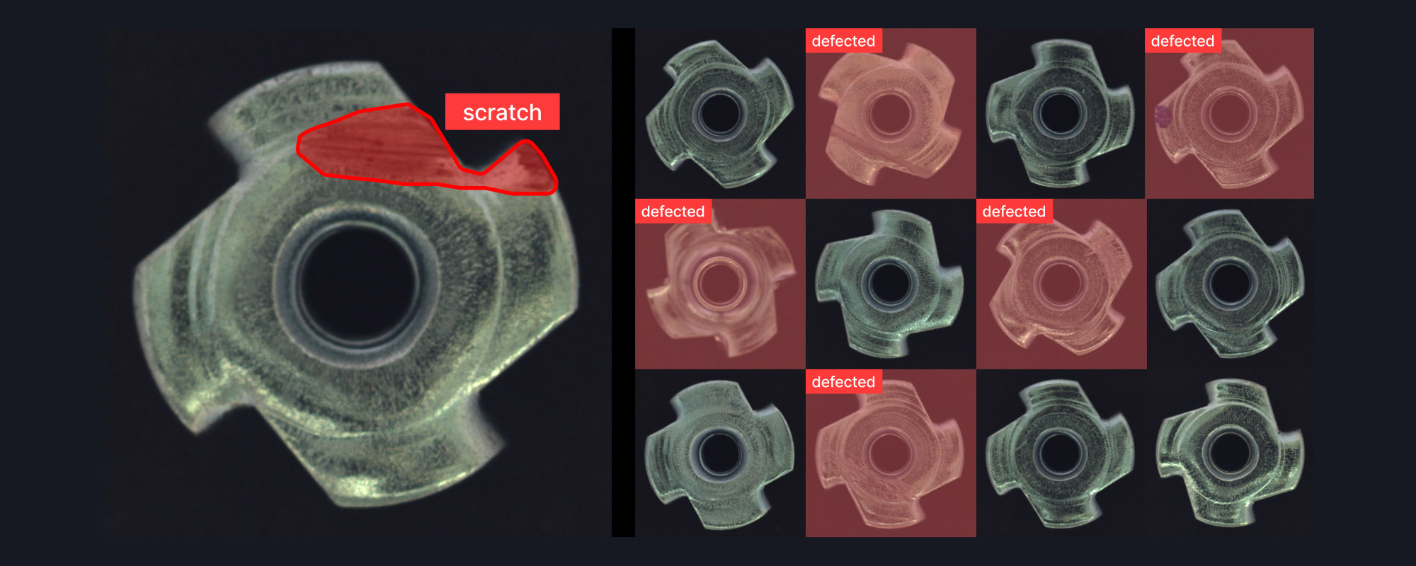 Metal nuts with detected surface defects outlined and labelled scratch, bent and colour.