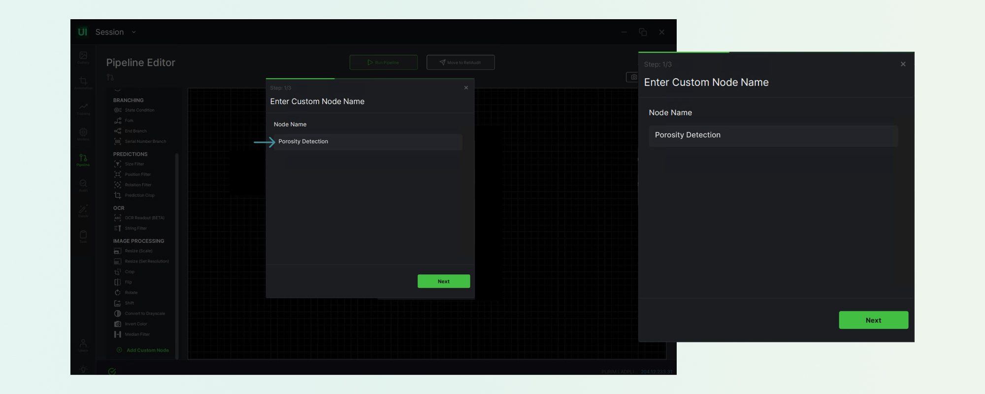The custom node dialog with the node name set to Porosity Detection.