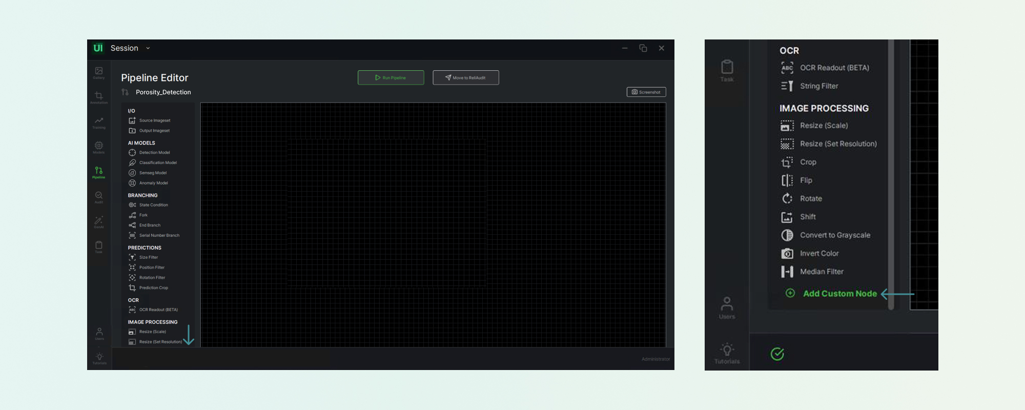 The ReliVision Pipeline Editor with the node menu scrolled to the Add Custom Node button.