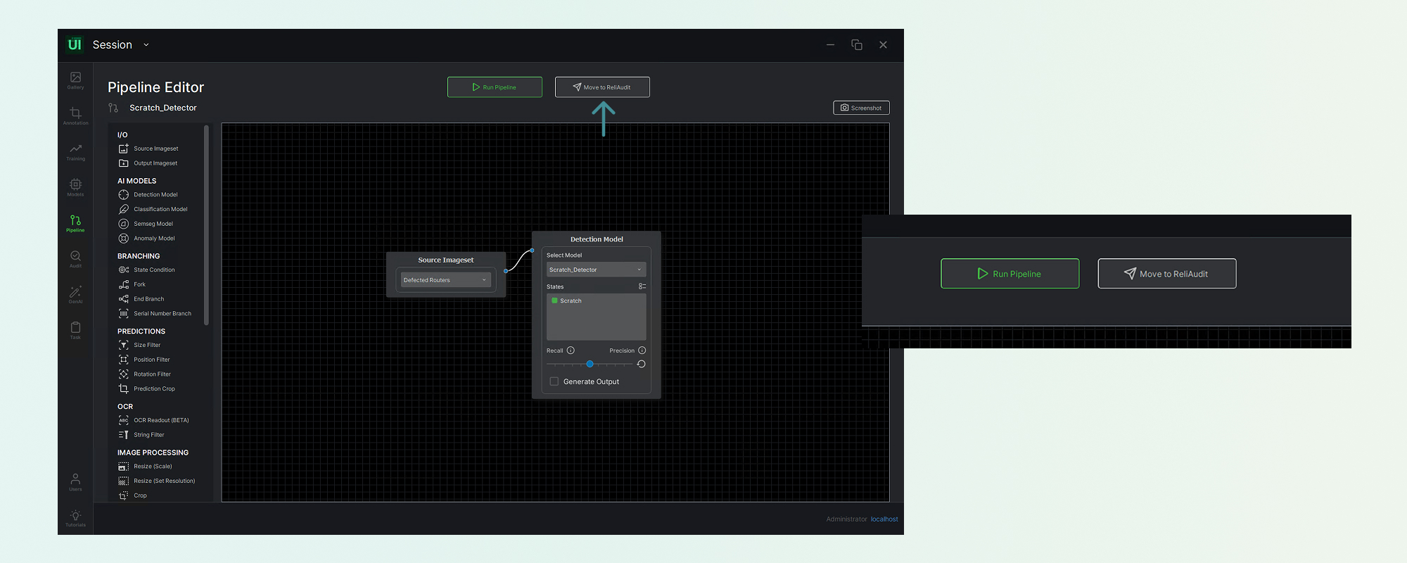 Side-by-side holdout evaluation of the candidate and live models, with promote and rollback controls.