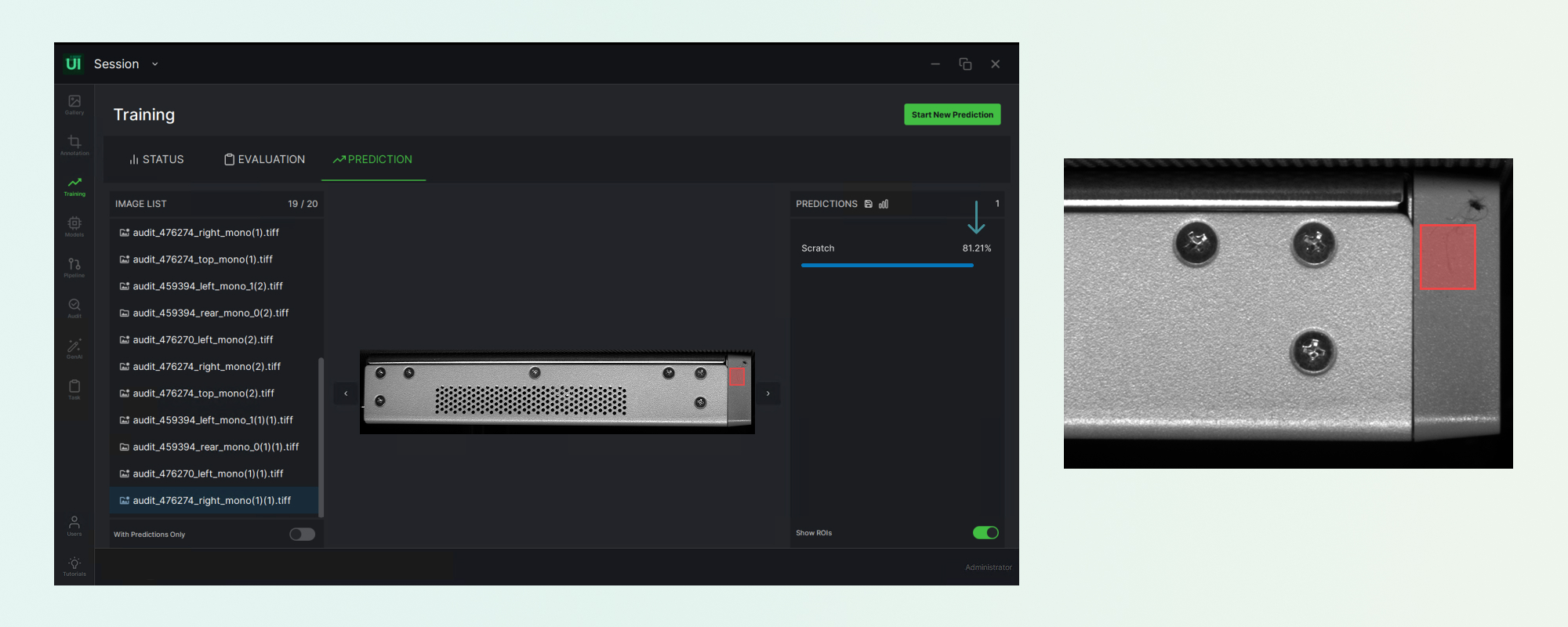 The monitoring view showing prediction confidence and false-reject rate by station and shift.