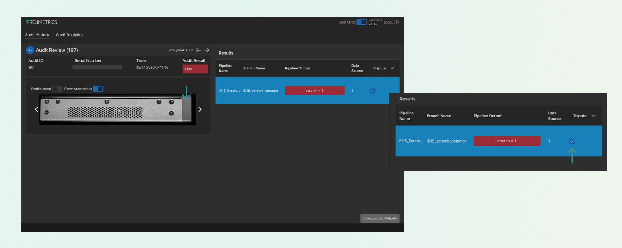An operator flagging a misclassified image in the web HMI and assigning the correct class.