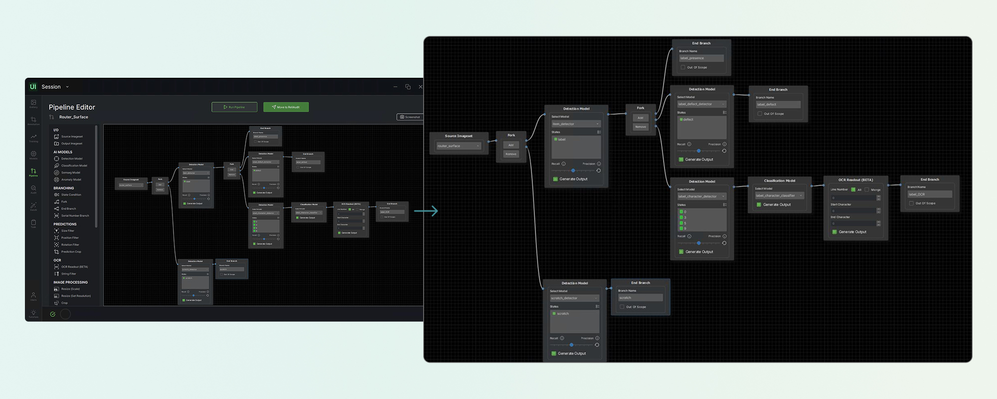 The complete multi-point pipeline running in the ReliVision pipeline editor.