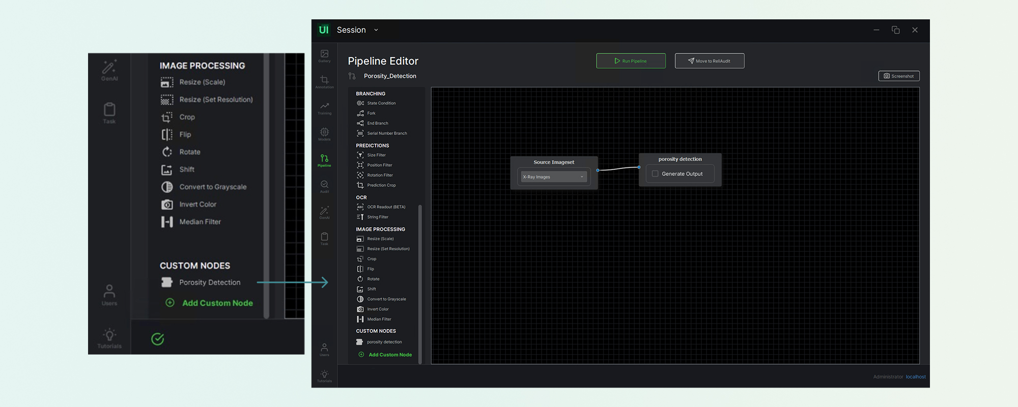 The Porosity Detection node placed on the pipeline canvas and wired to the adjacent blocks.