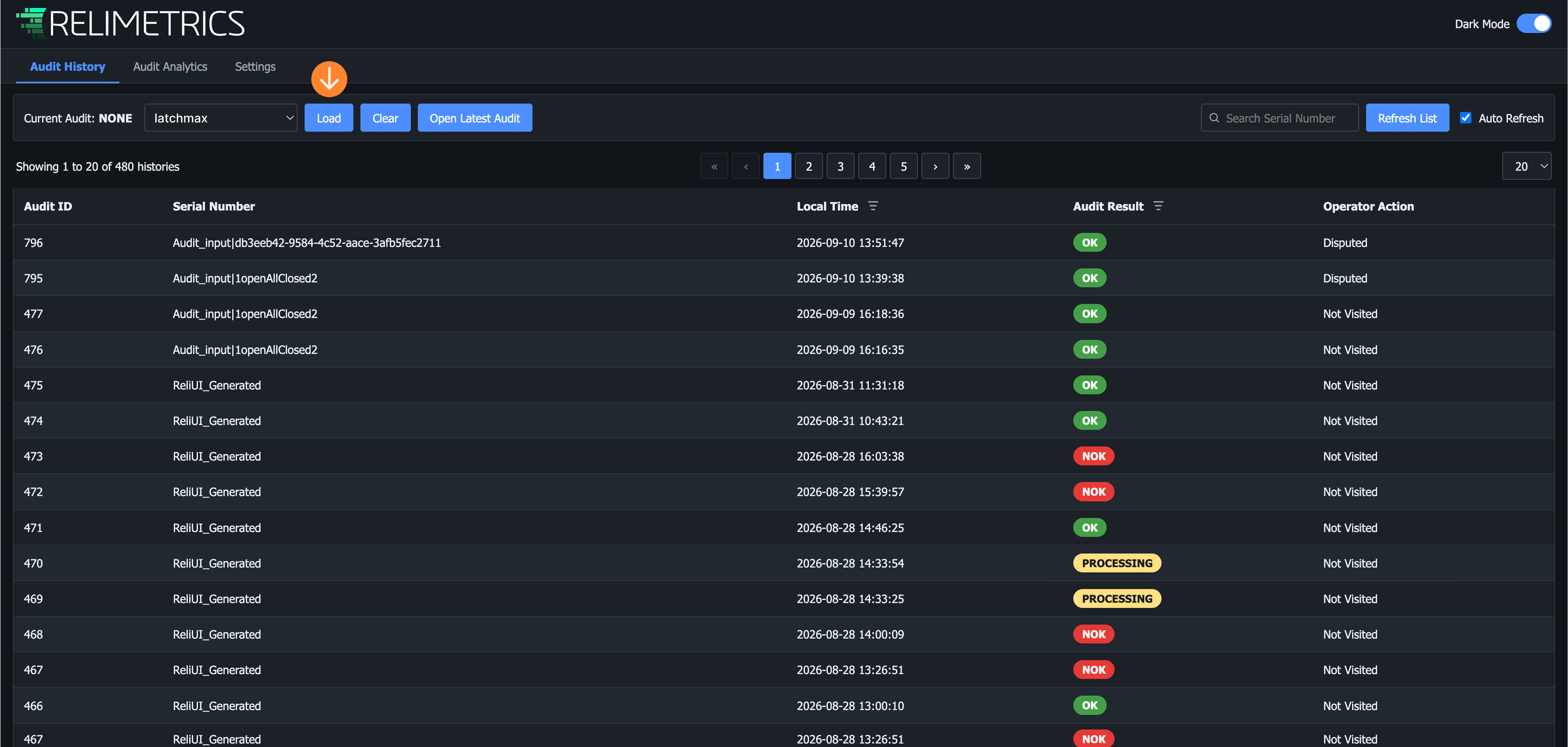 Load button used to open the selected audit in detail