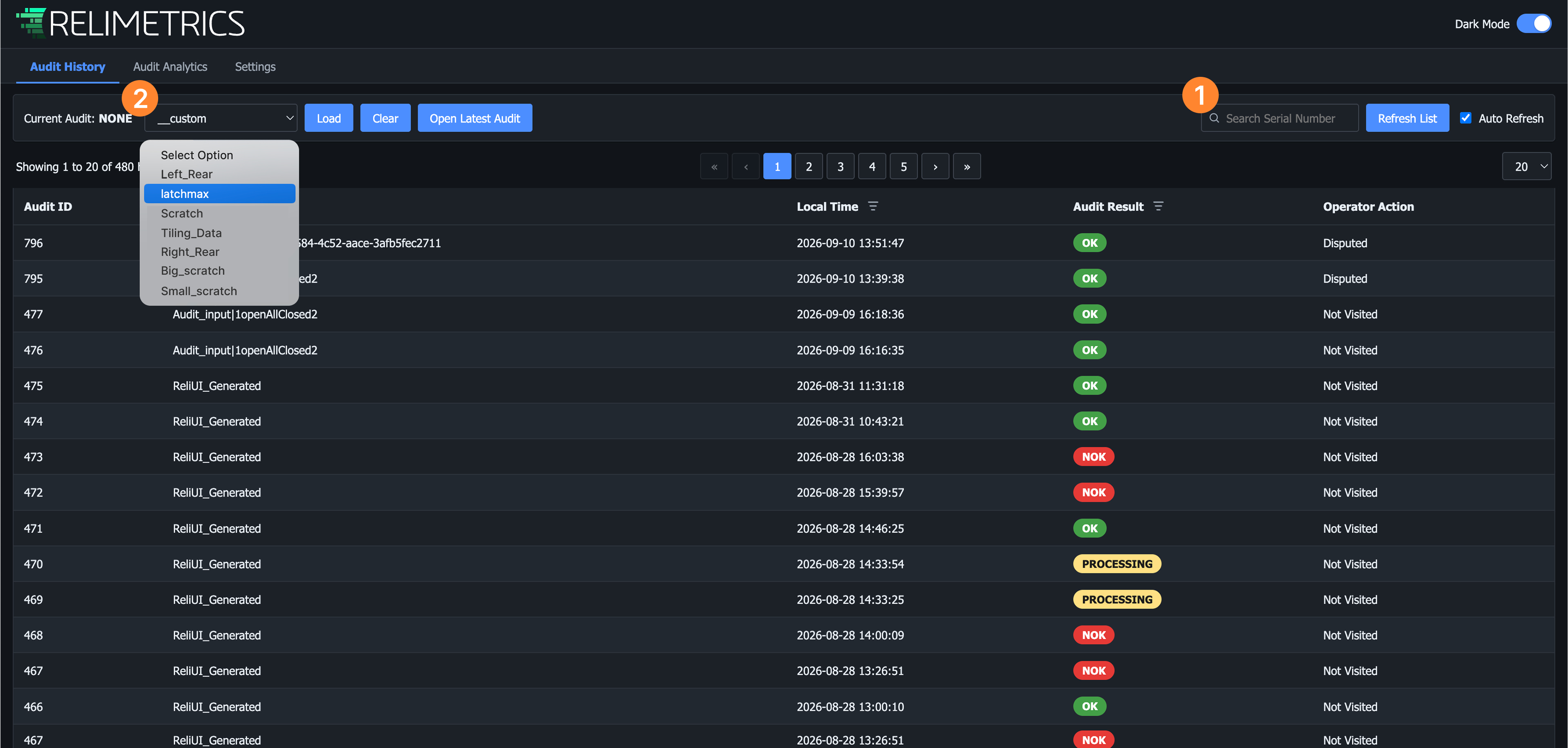 Serial number search field and the Select Option filter on the Audit History page