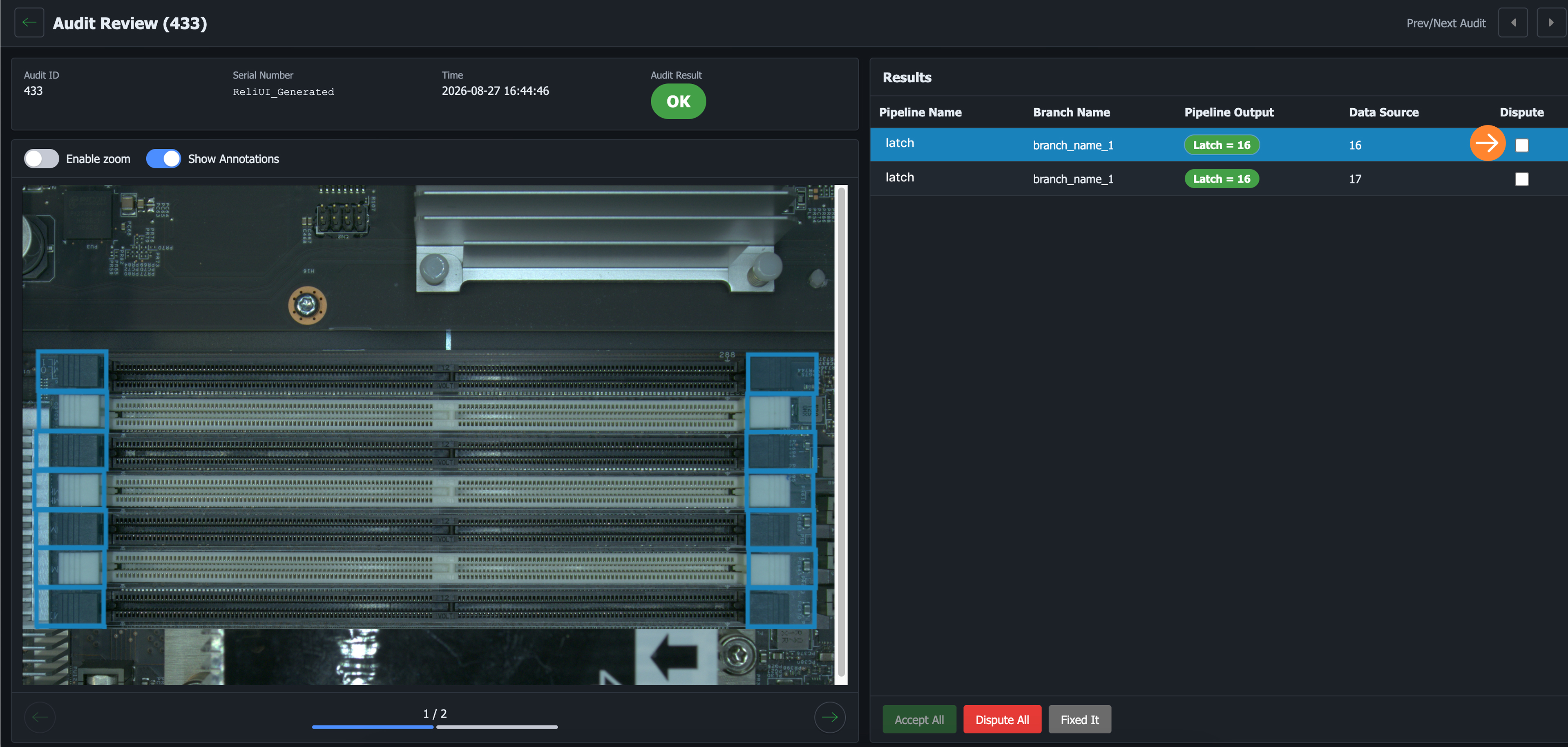 Dispute check box on an individual audit result
