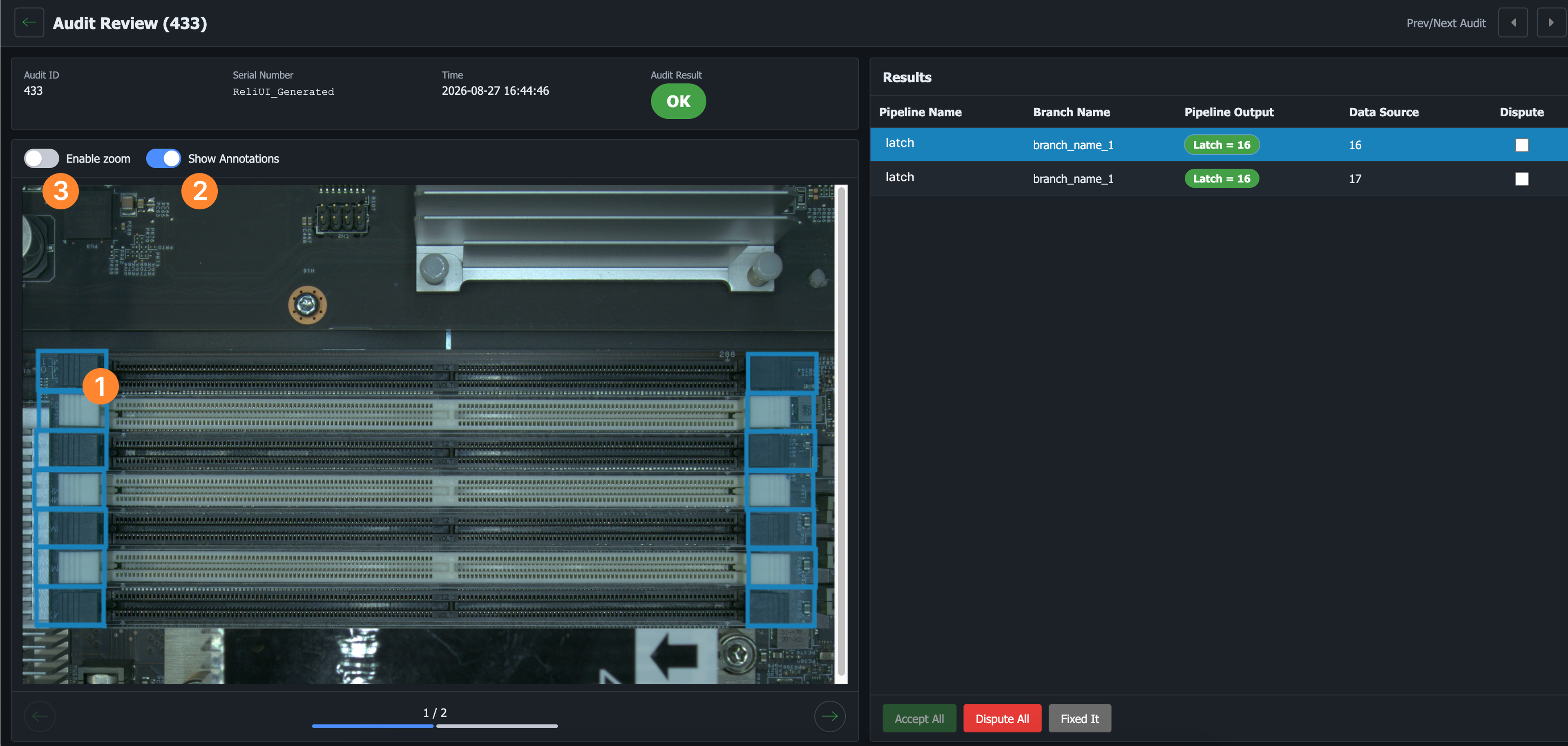 Audit detail view with detected defects, annotation toggle and zoom