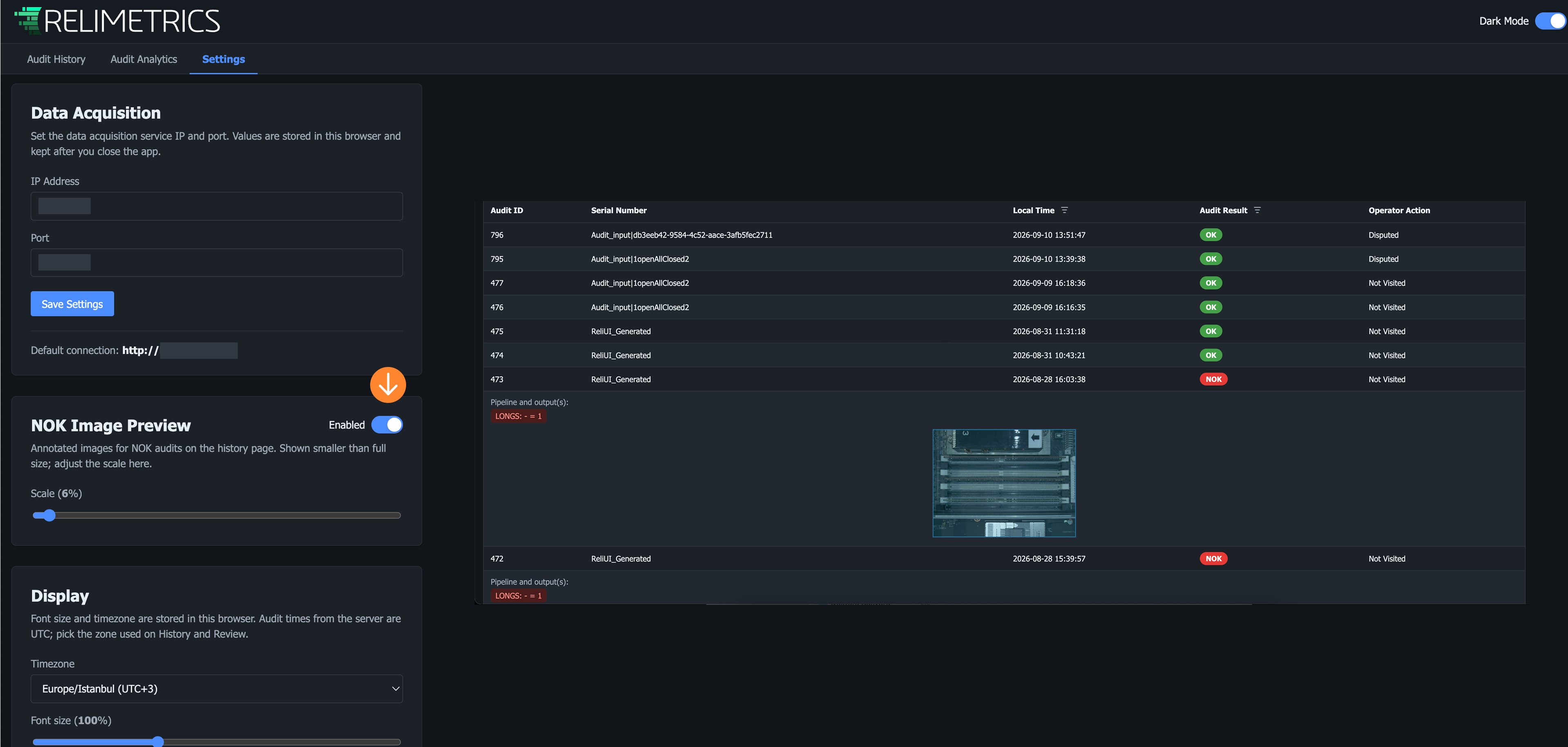 NOK image previews shown on the Audit History page once the switch is enabled