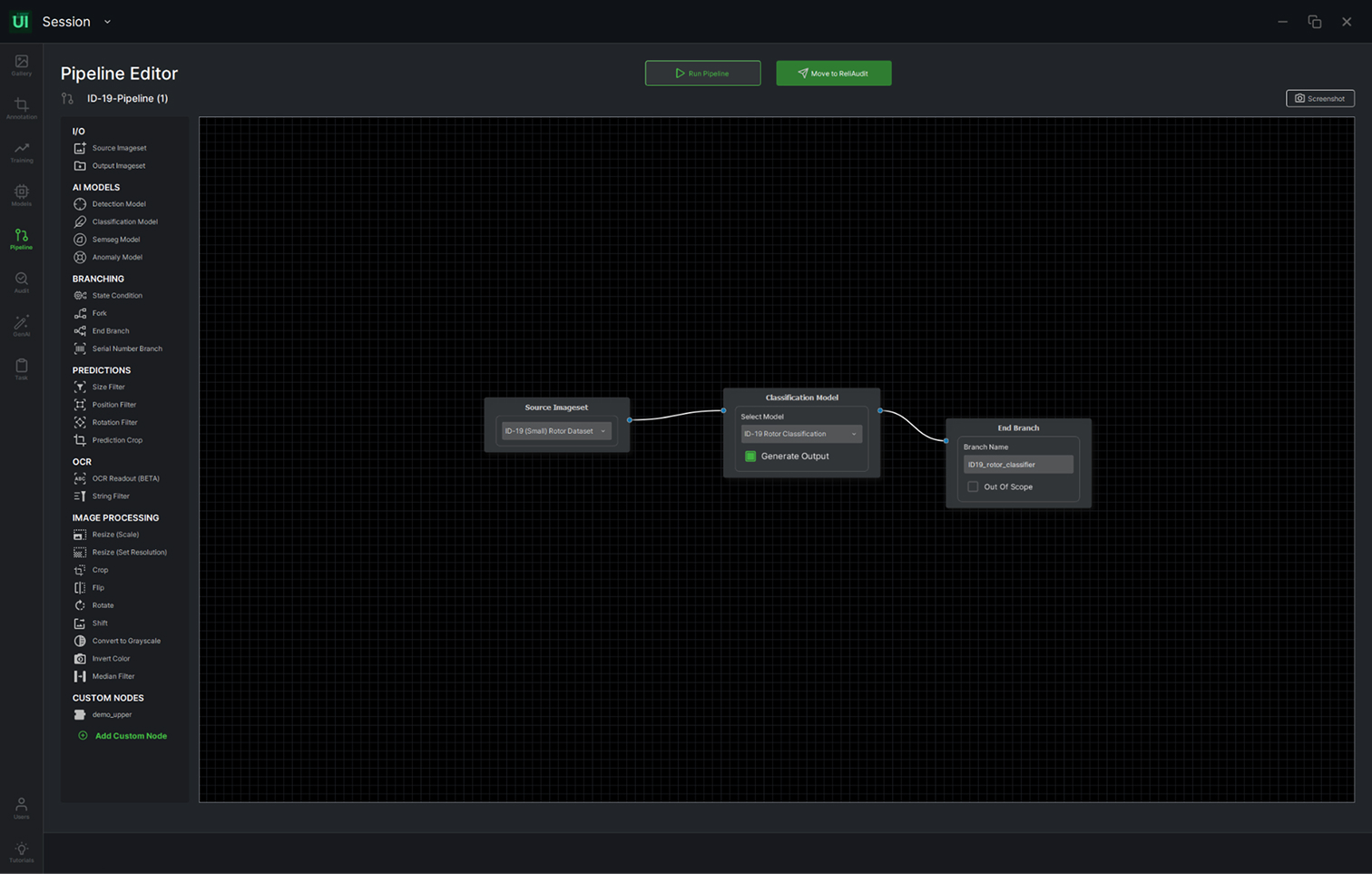 Pipeline editor with an image input source connected to a classification AI block.