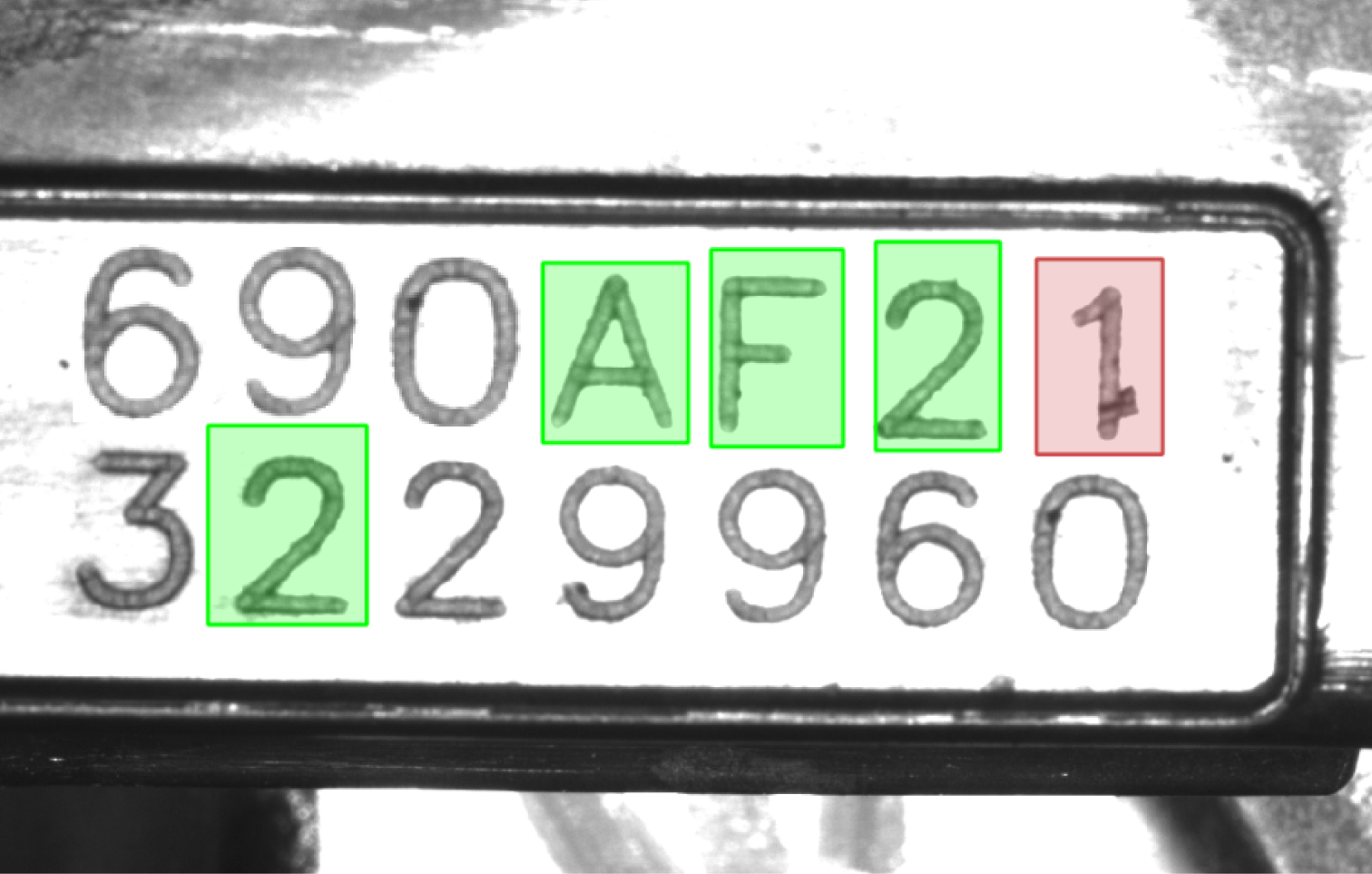 A metal plate with an imprinted sequence of alphanumeric characters