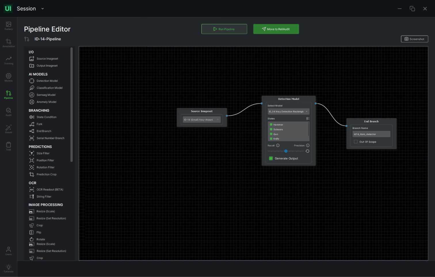 Pipeline editor with an image input source connected to a detection AI block.