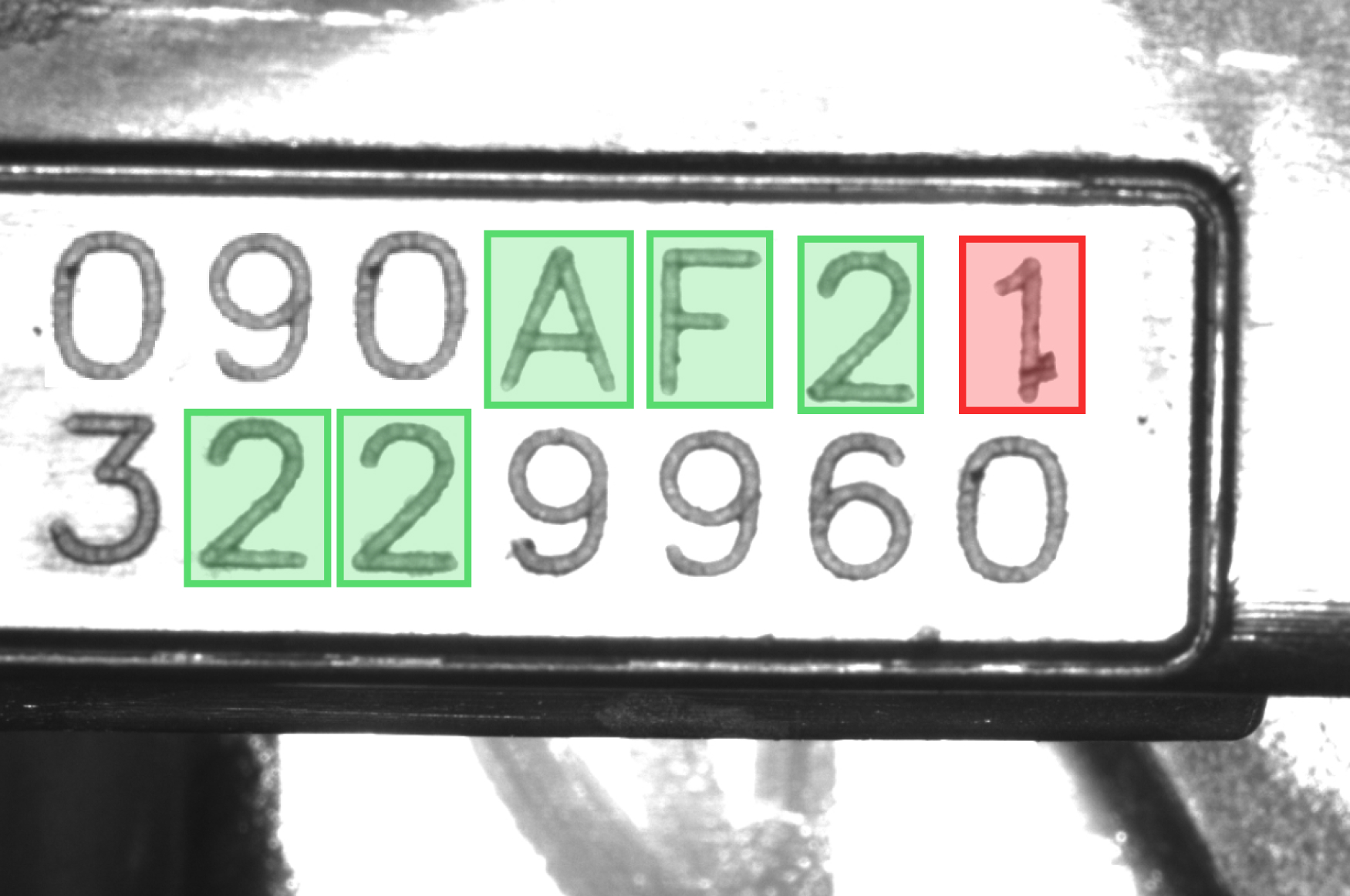 A metal plate with an imprinted sequence of alphanumeric characters