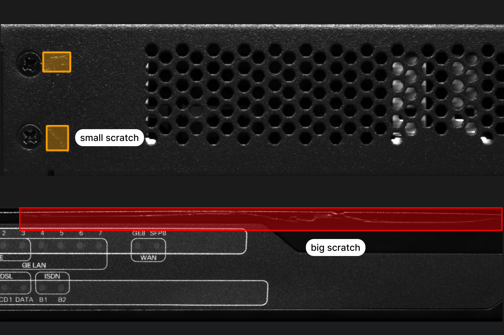 Electronic device surface inspected for cosmetic scratches