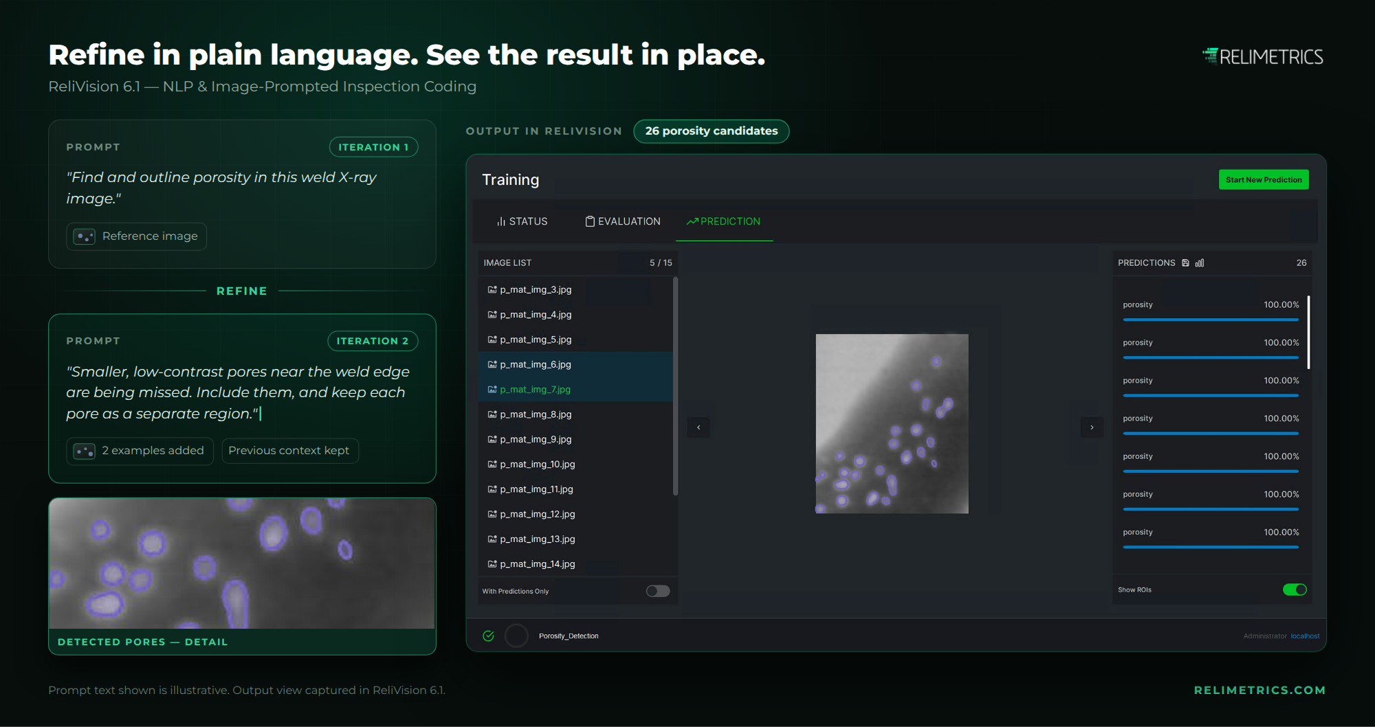 Refinement prompt alongside the ReliVision prediction view, showing segmented porosity candidates in a weld X-ray image.
