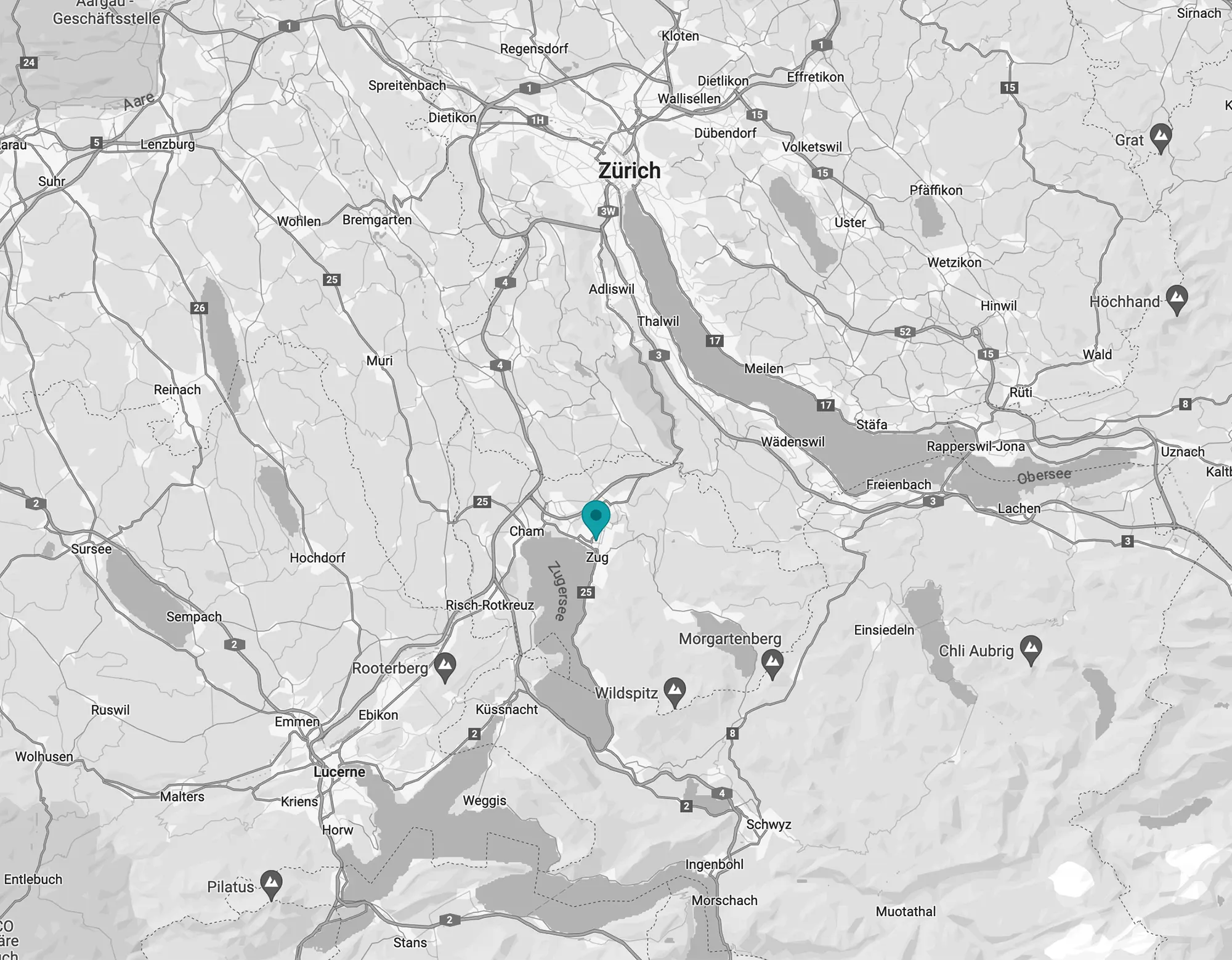 map of central Switzerland with a marker on the city of Zug